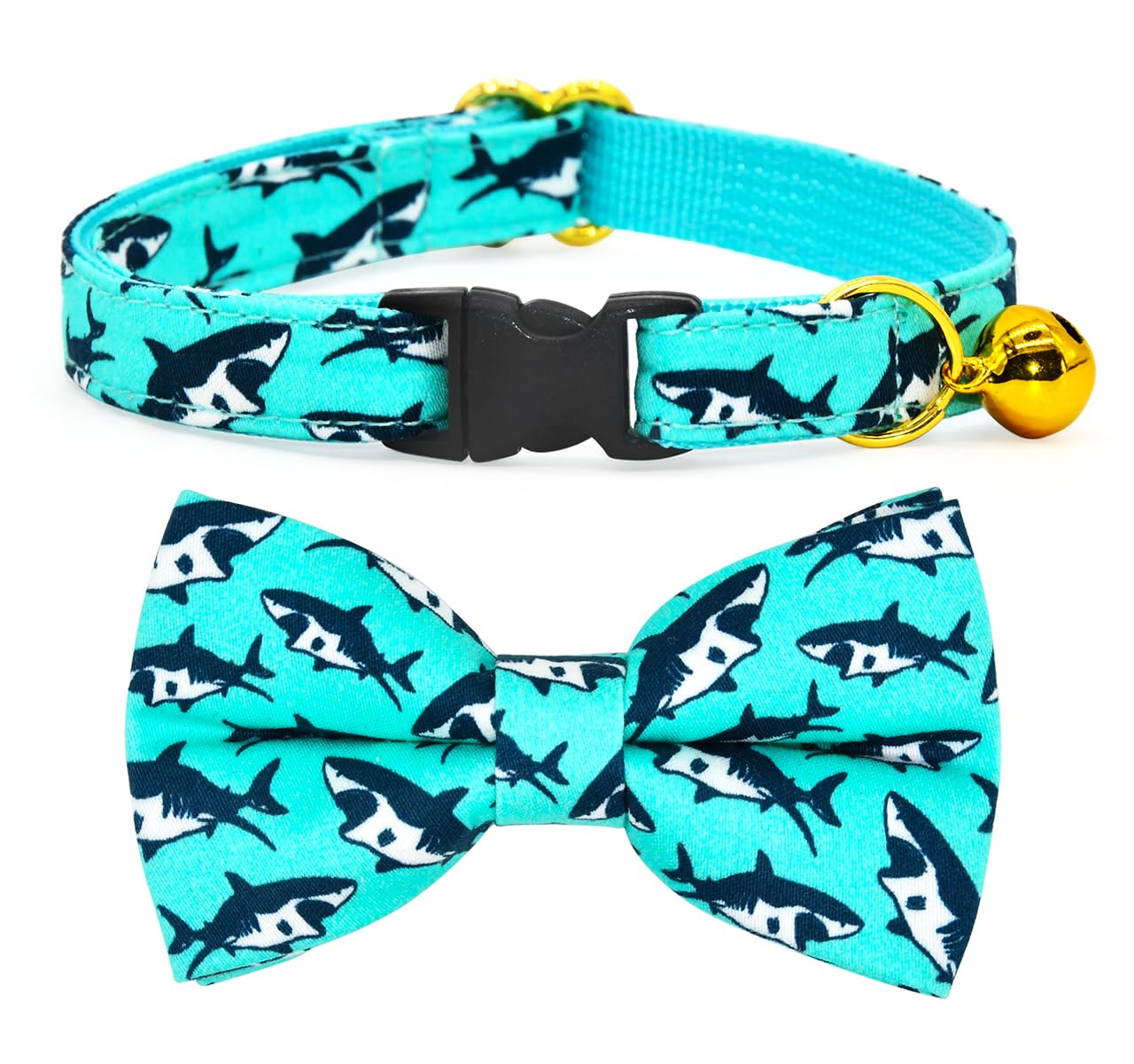 Oceanic Sharks Cat Breakaway Collar Bow Tie With Bell, Wedding/Birthday Cat Accessories