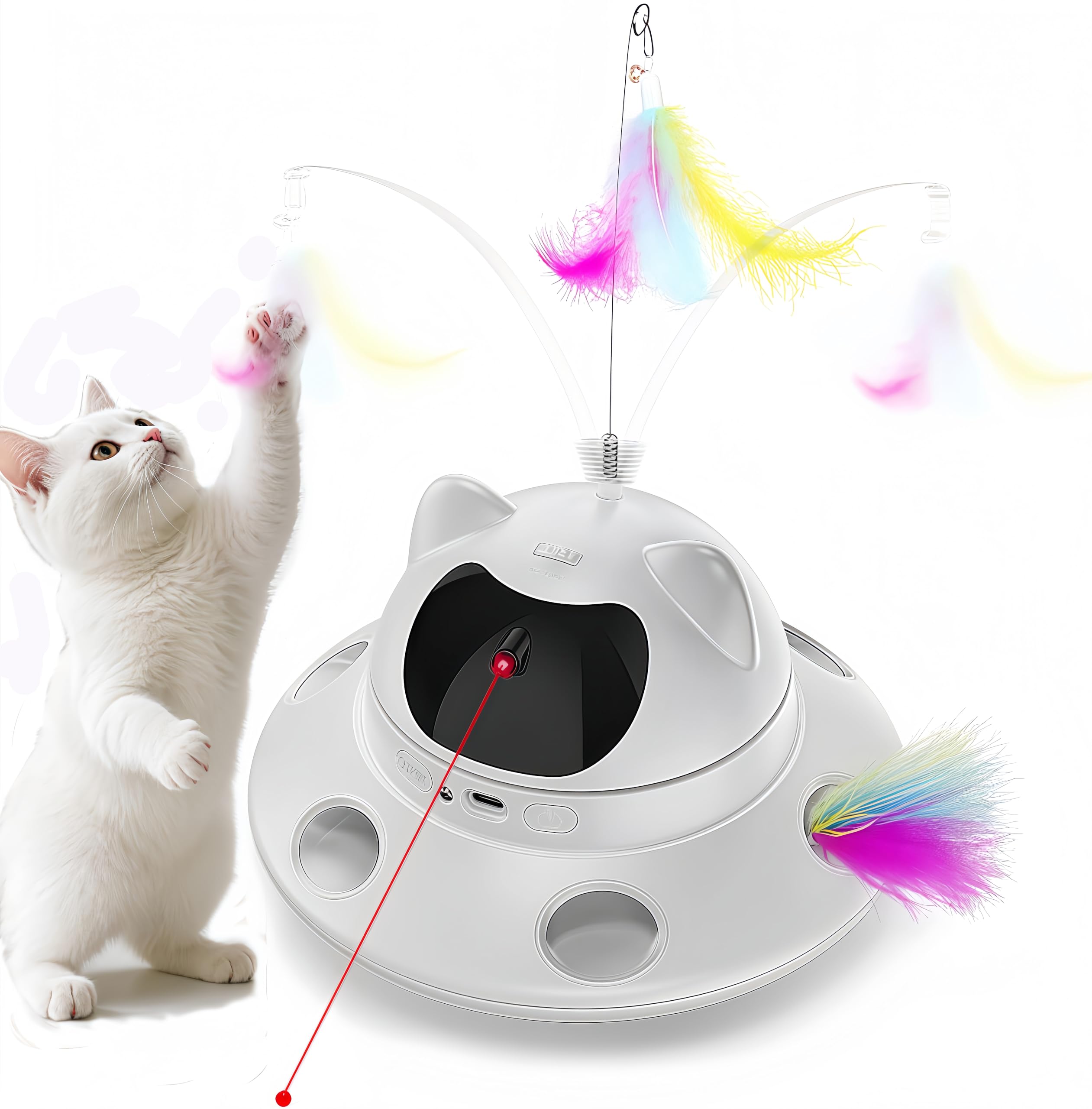QUEOPFU Cat Laser Toy,3-in-1Interactive Automatic 6 HolesElectronic Whack a Mole, Fluttering Butterfly,USB Rechargeable Interact