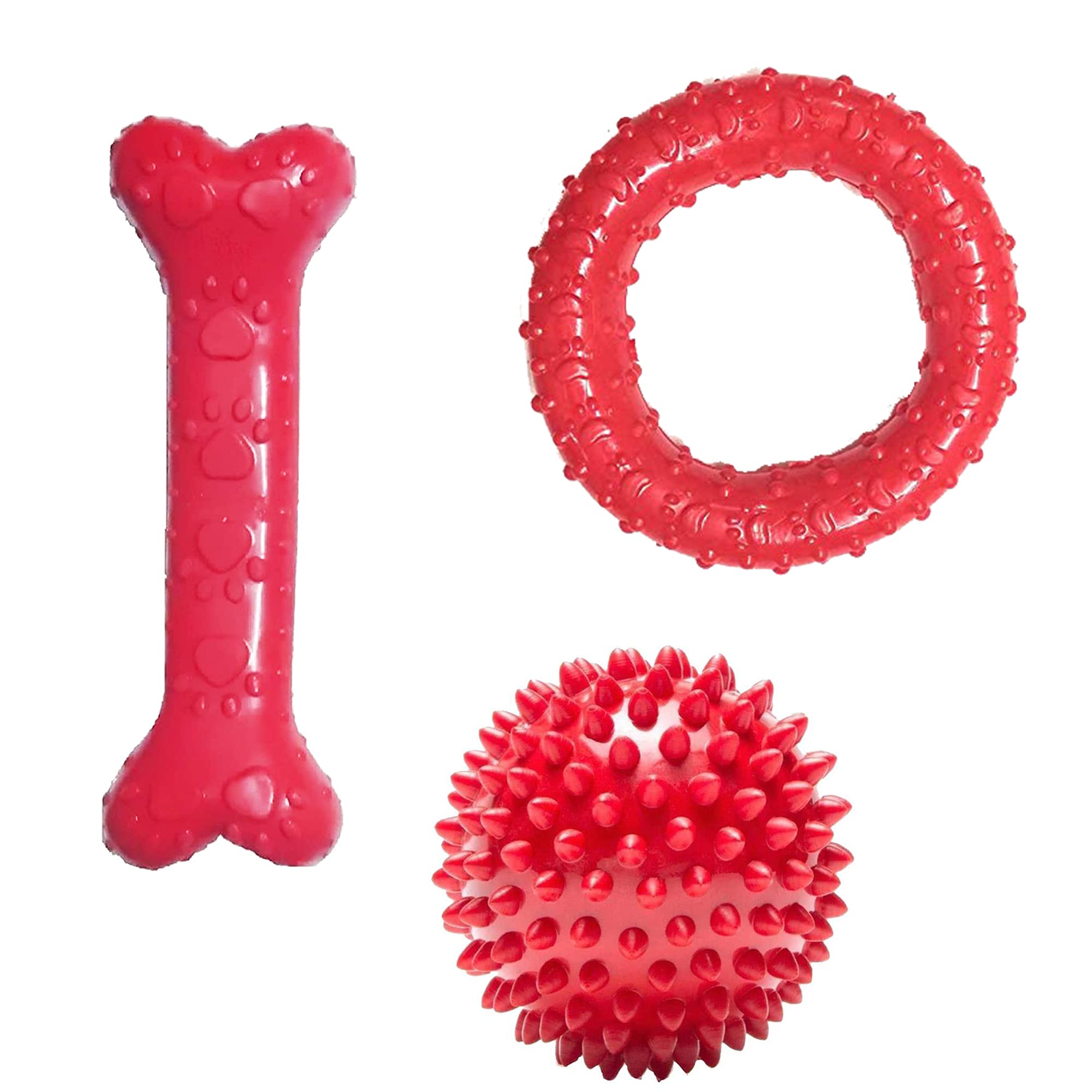 BLACKDOG Toys for Dog + Dog Toys+ Chew Toys + Rubber Chew Toy Combo + Paw Print Bone + Rubber Chew Ring + Spike Ball, Playing Ch