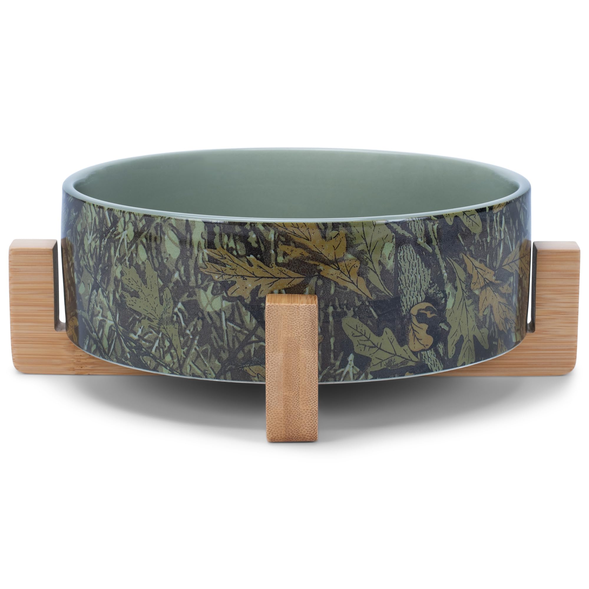 Nat & Jules Large Hunting Camo 8 Inch Stoneware Ceramic And Wood Pet Bowl With Stand