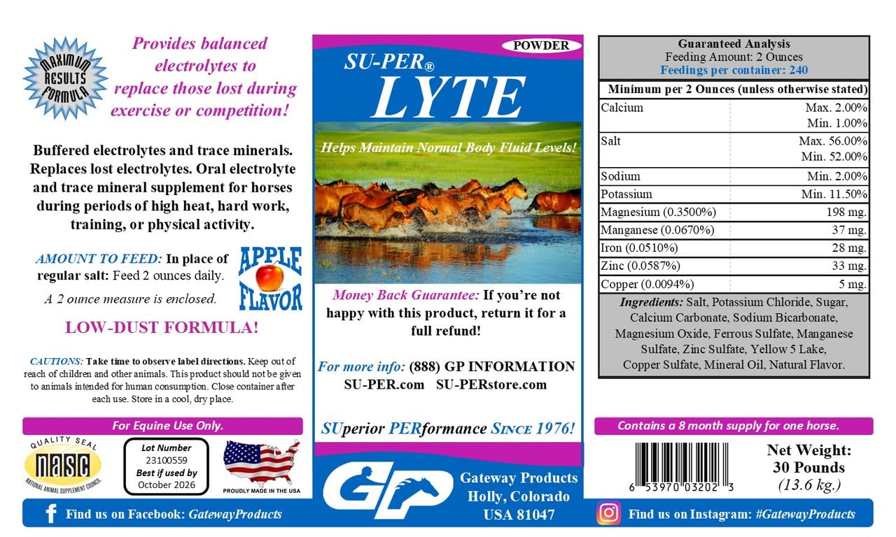 SU-PER Lyte Horse Electrolyte Supplement - Helps Maintain Normal Body Fluid Levels - Performance Horse Minerals & Electrolytes R