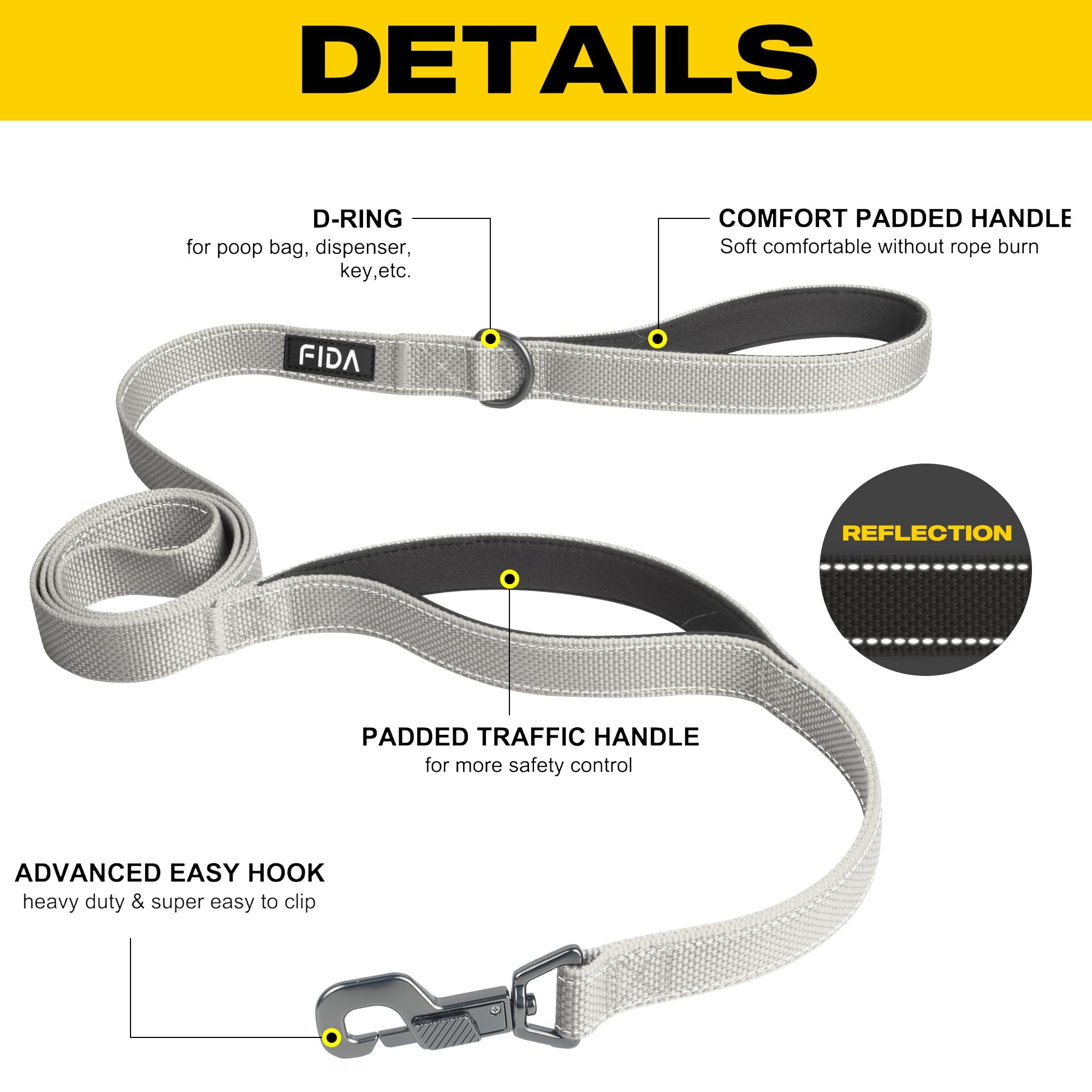 Fida 6 Ft Heavy Duty Dog Leash With 2 Comfortable Padded Handles, Traffic Handle & Advanced Easy Snap Hook, Reflective Walking L