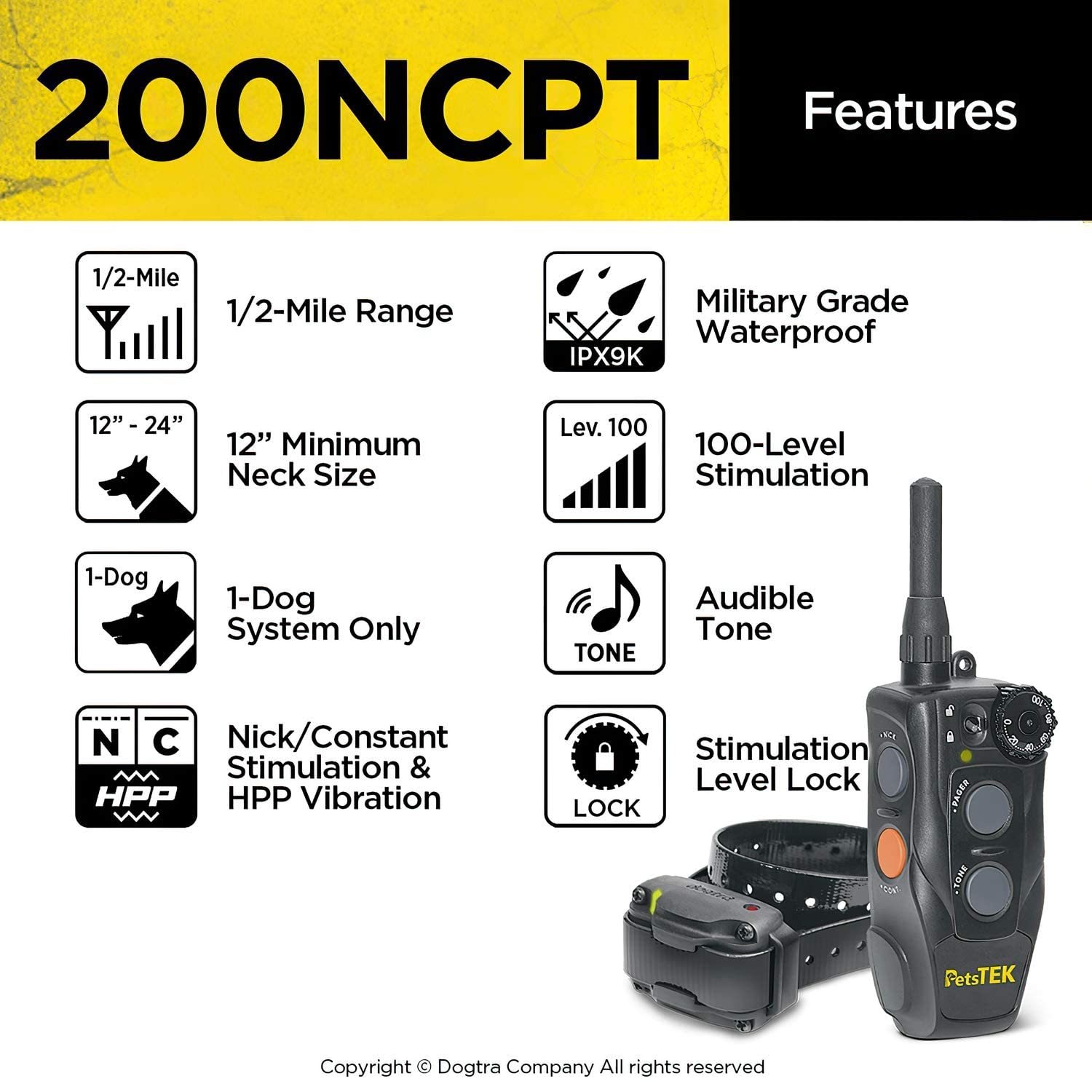 Dogtra 200Ncpt Electronic Dog Training Collar With Remote For Small Dogs To Large Dogs - 2640 Ft Range, Vibration, Tone, 100 Sti