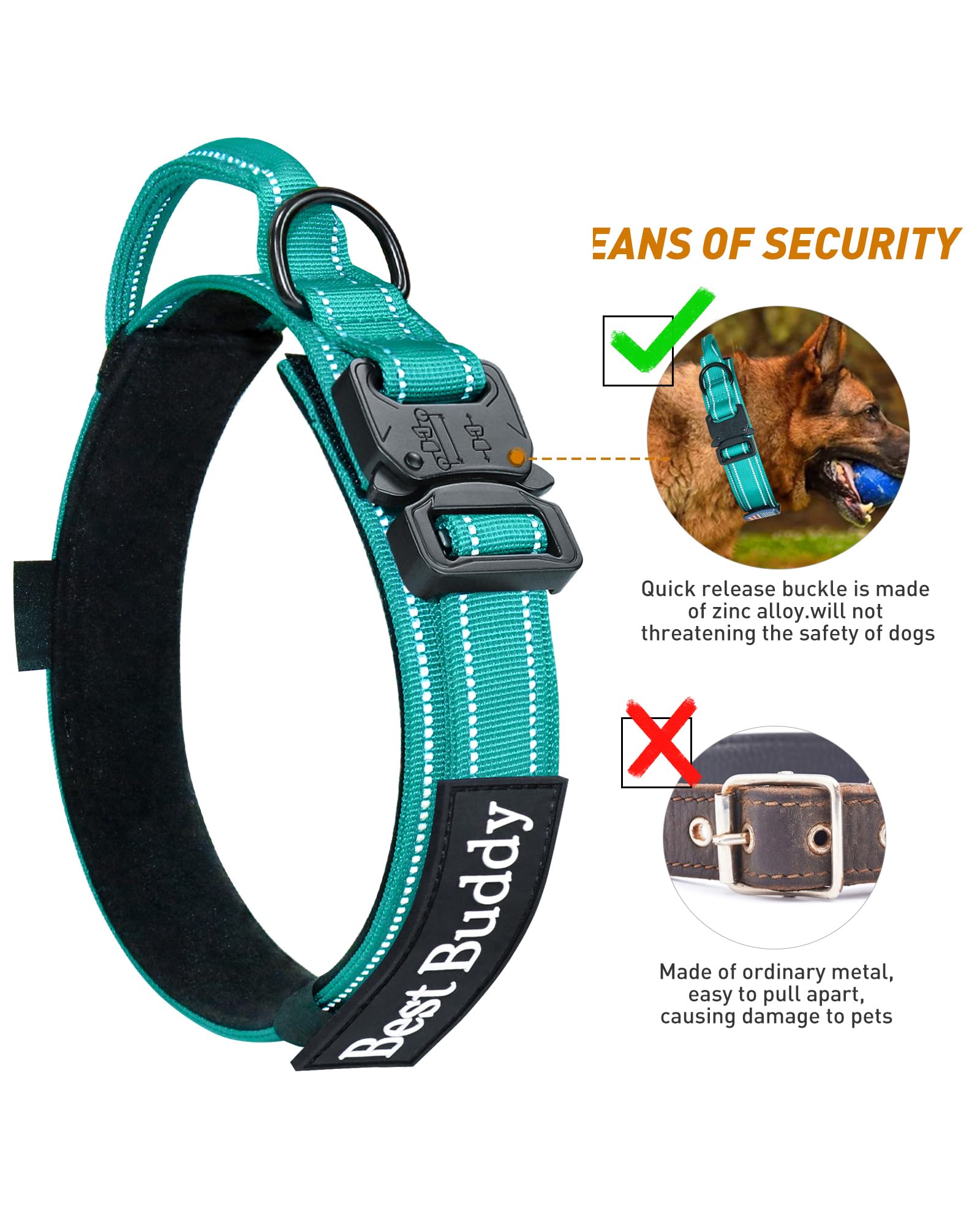 Aubell Tactical Dog Collar, Reflective Dog Collar For Extra-Large Dogs, Adjustable Nylon Dog Collar With Handle And Heavy Duty B