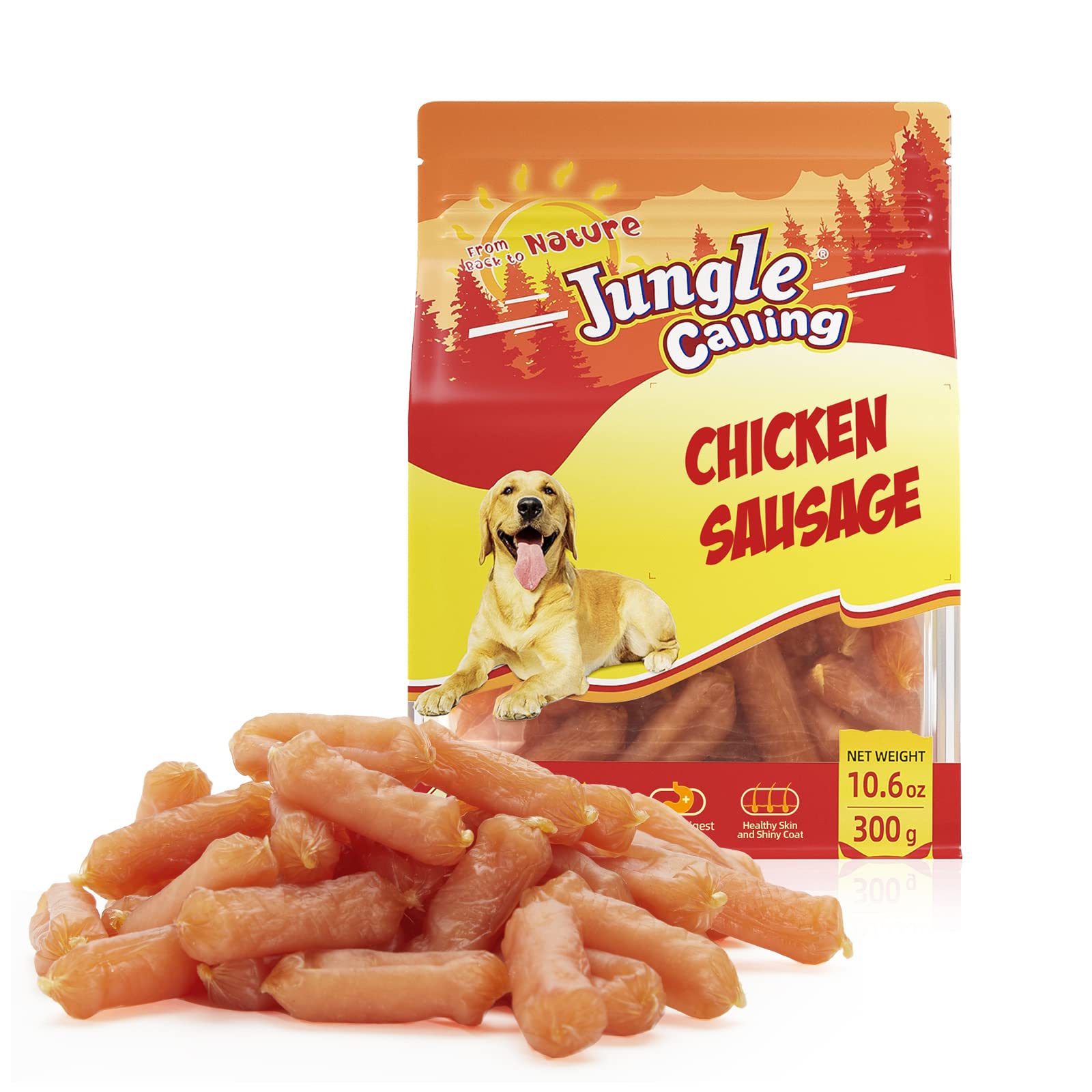Jungle Calling Chicken Sausage Dog Treats, Slow Roasted Chicken Jerky for Small & Medium Dogs, Grain-Free, High-Protein Chewy Do