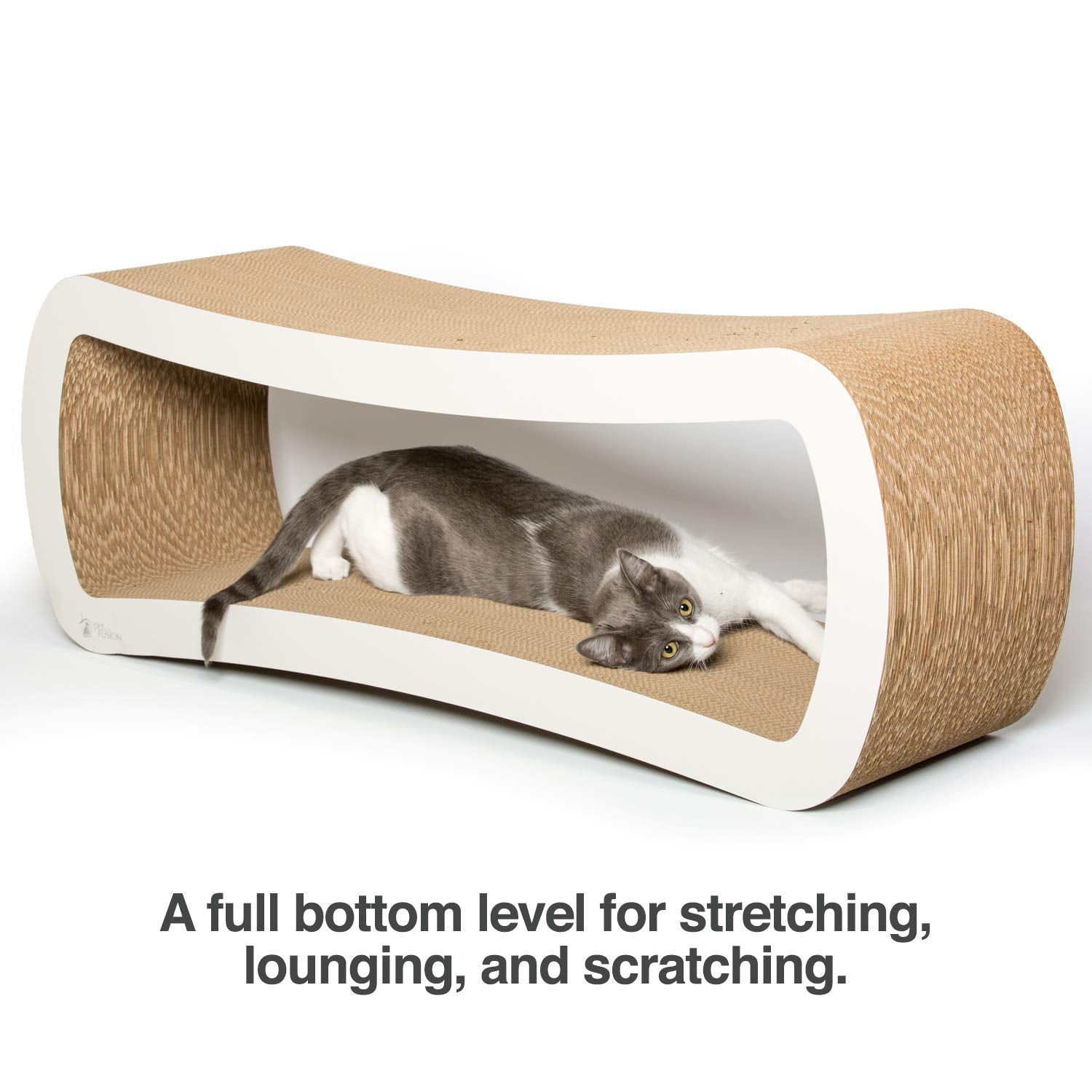 PetFusion Jumbo Cat Scratcher Lounge, White. 39 x 11 x 14 inch 4 Cardboard Scratching Surfaces and 2 Levels, Scratch, Play, Perc