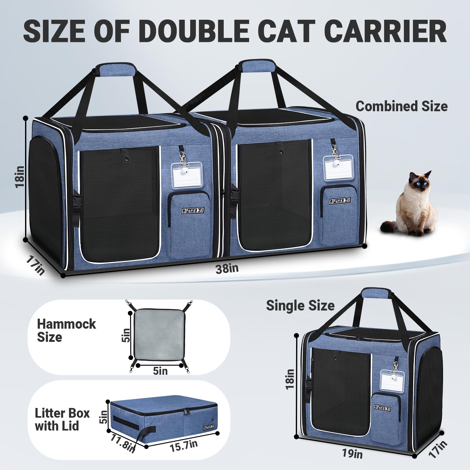 Petskd 2 In 1 Double Cat Car Travel Carrier With Litter Box, 38''X17''X18'' Portable Dual Extra Large Cat Carrier For Multiple C