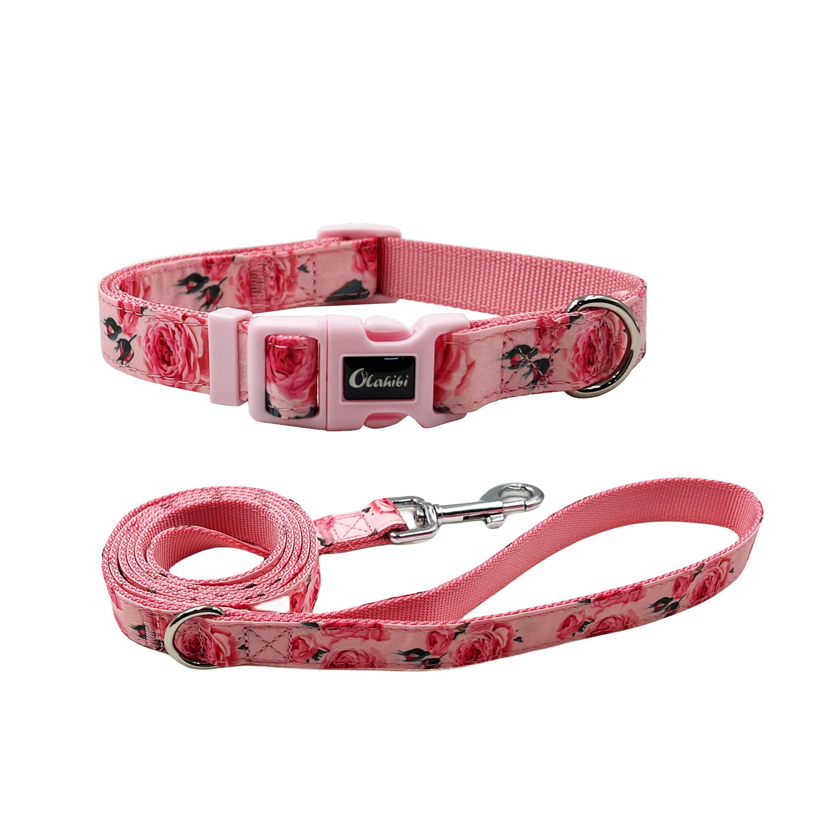 Olahibi Dog Collar Leash Set, Floral Pattern, Nylon Webbing Plus Cotton Ribbon, 5Ft Matching Leash, For Medium Dogs.(M, Pink Ros