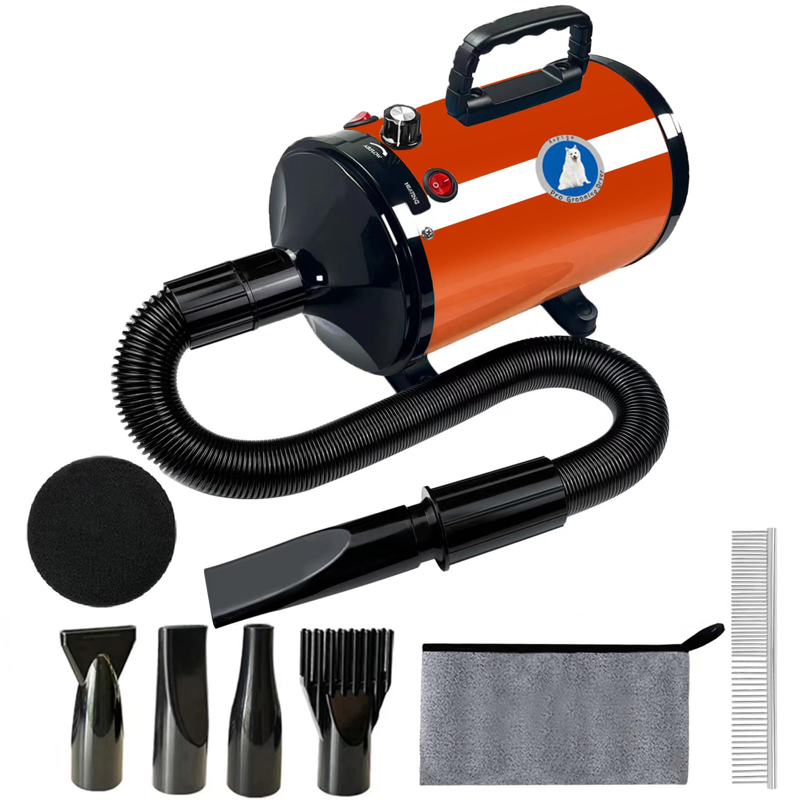 Dog Dryer, Dog Hair Dryer Blower Dog Blow Dryer And Temperature Control Pet Blower Dryer With 4 Different Nozzles. (Orange)