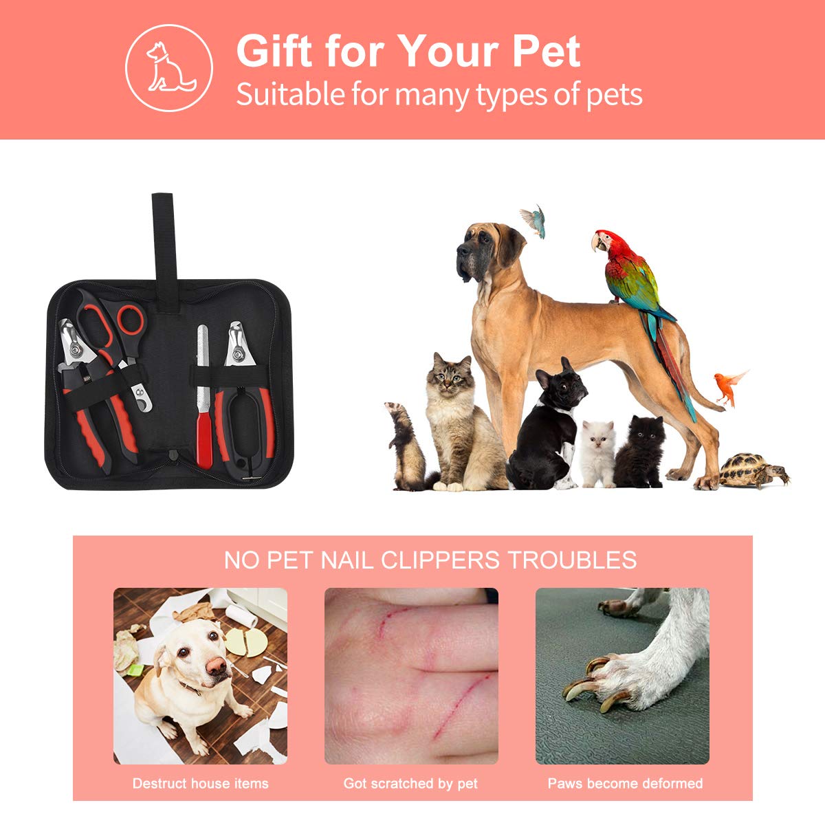 Bretheil Dog Nail Clippers Trimmer Set, Quick Safety Guard To Avoid Over-Cutting, Stainless Steel Razor Sharp Blades, Sturdy Non-Slip Handles, Storage Case And Nail File, Professional Pet Grooming