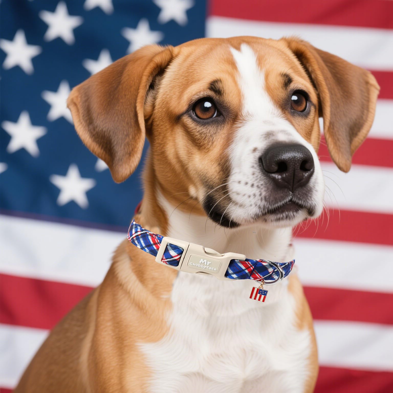 Mr.Chubbyface Plaid Cotton Dog Collar, Soft Checkered Patriotic Puppy Pet Collar With Plastic Buckle, Adjustable 4Th Of July Pet