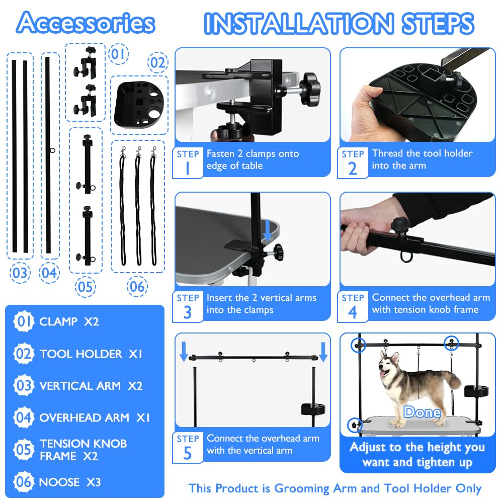 Leibou H-Shape Pet Grooming Table Arm With Tool Holder Noose And Clamp For Dogs And Cats Heavy Duty Aluminum Alloy Frame With 35
