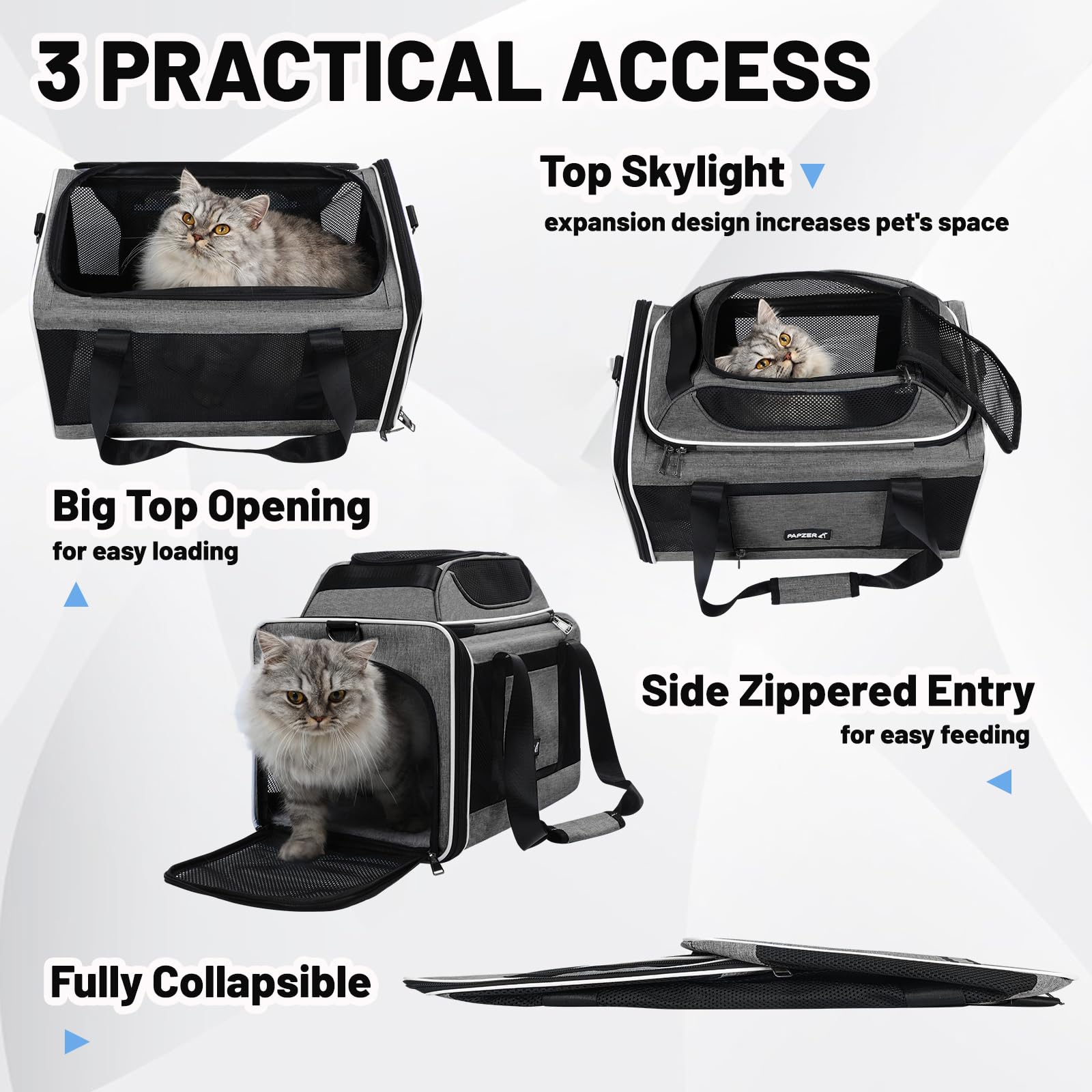 PAPZER Cat Carrier Top-Expandable 18x11x11, United Delta American Airline Approved Dog Carrier, Soft-Sided Pet Carry Bag Under-S