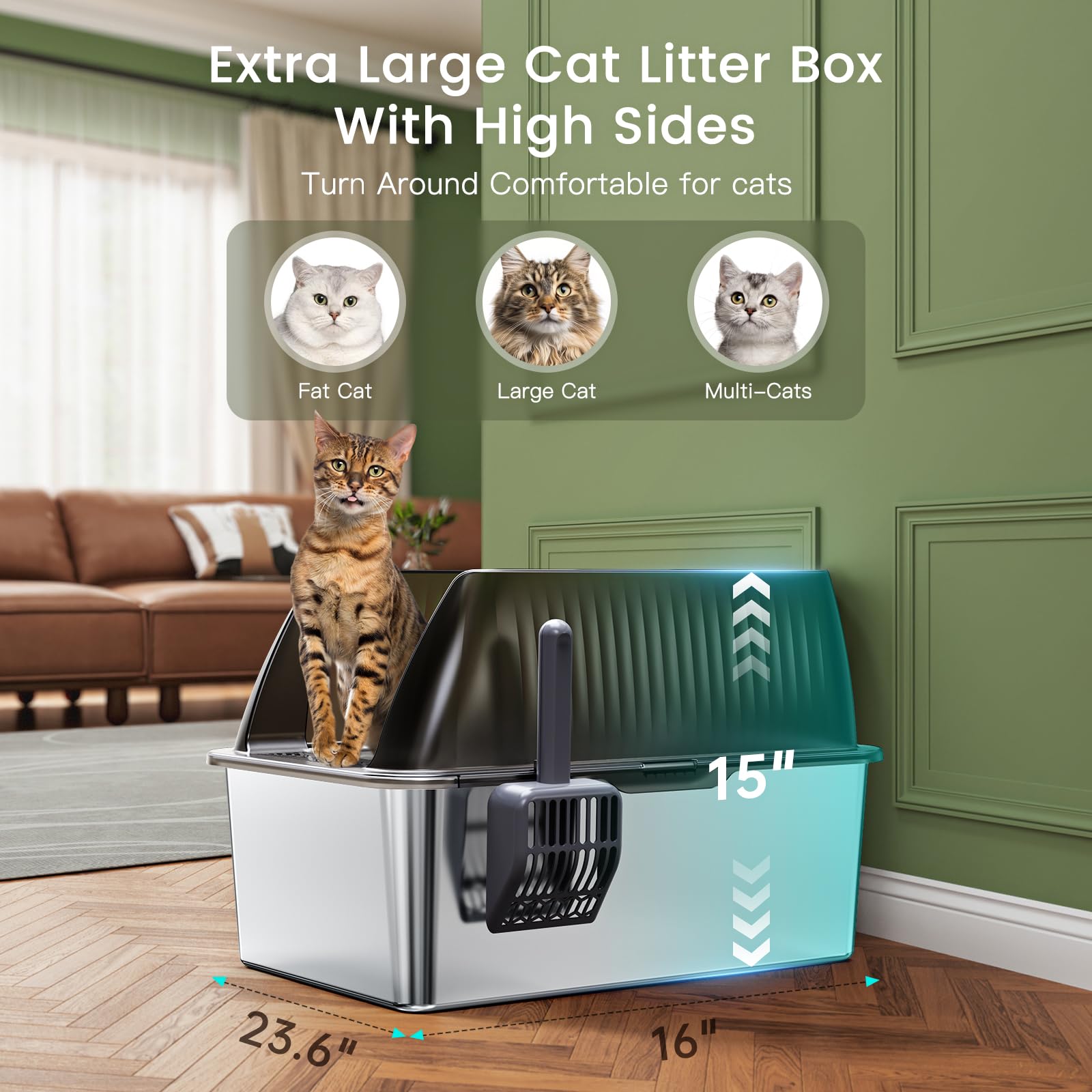 Tripamin 15    Stainless Steel Cat Litter Box,Xl Stainless Steel With High Sides, Extra Large Metal Cat Litter Box For Big Cats,