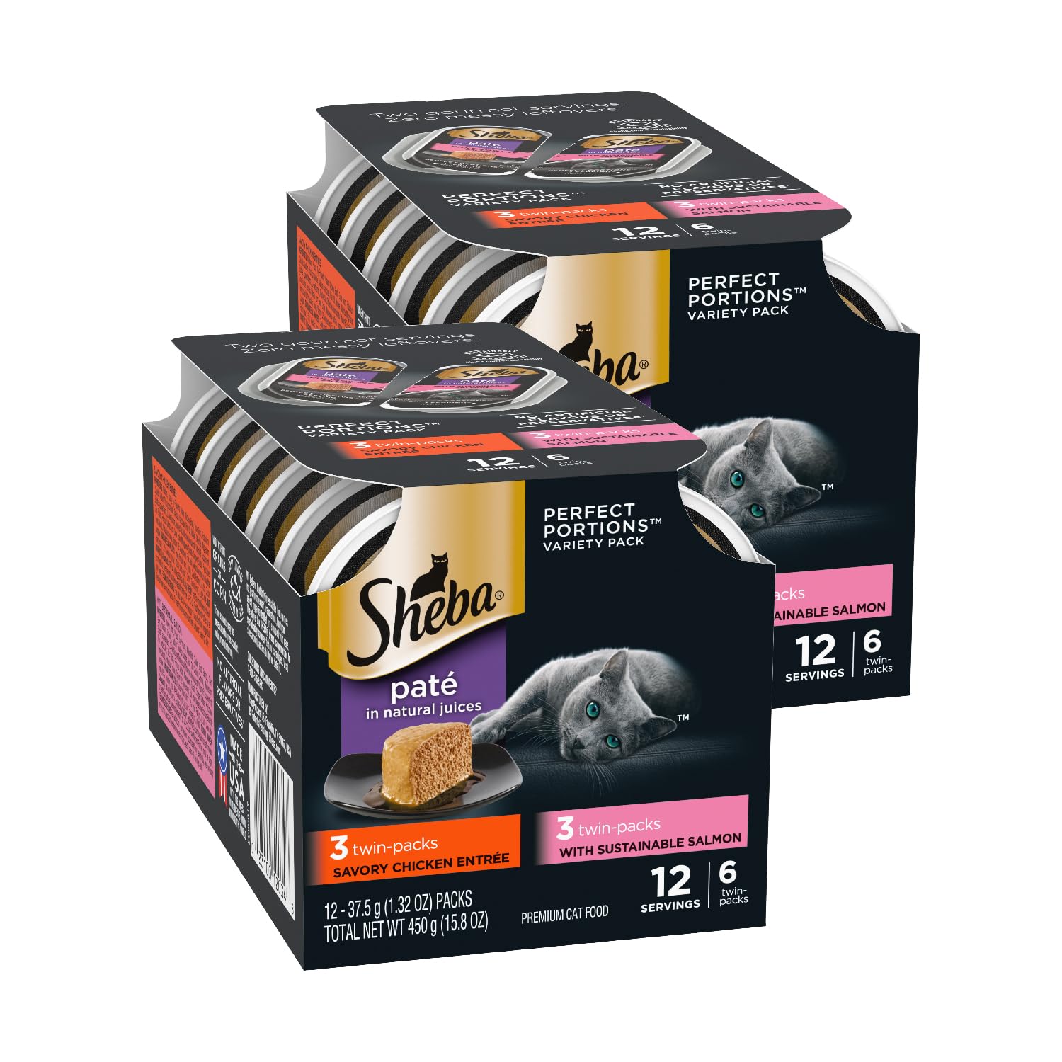 Sheba Perfect Portions Wet Cat Food Pate Savory Chicken Entree and with Sustainable Salmon Variety Pack, 2.6 oz., Twin-Pack Tray