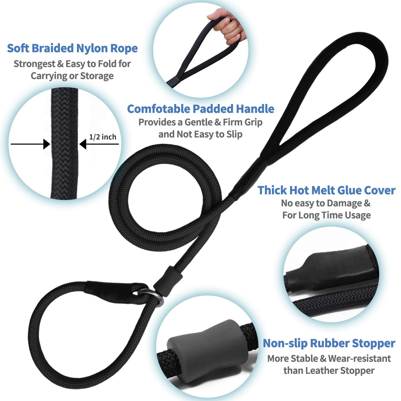 Strong Slip Rope Dog Training Leash (4Ft) 5Pc - Heavy Duty Durable Braided Nylon Lead With Rubber Stopper & Padded Handle - No P