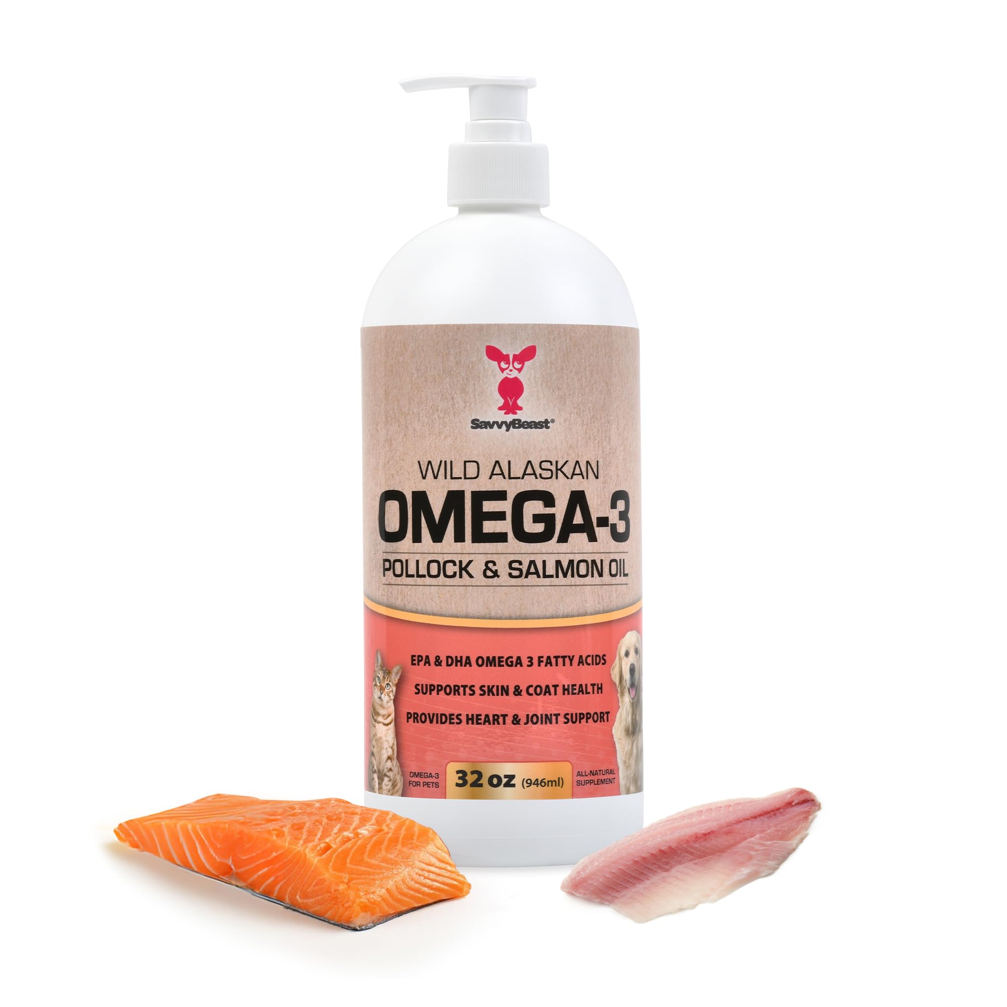 SavvyBeast Pollock and Salmon Oil for Dogs & Cats - Omega-3 Fish Oil Supplement for Pets - Supports Skin & Coat, Joints, Itch Re