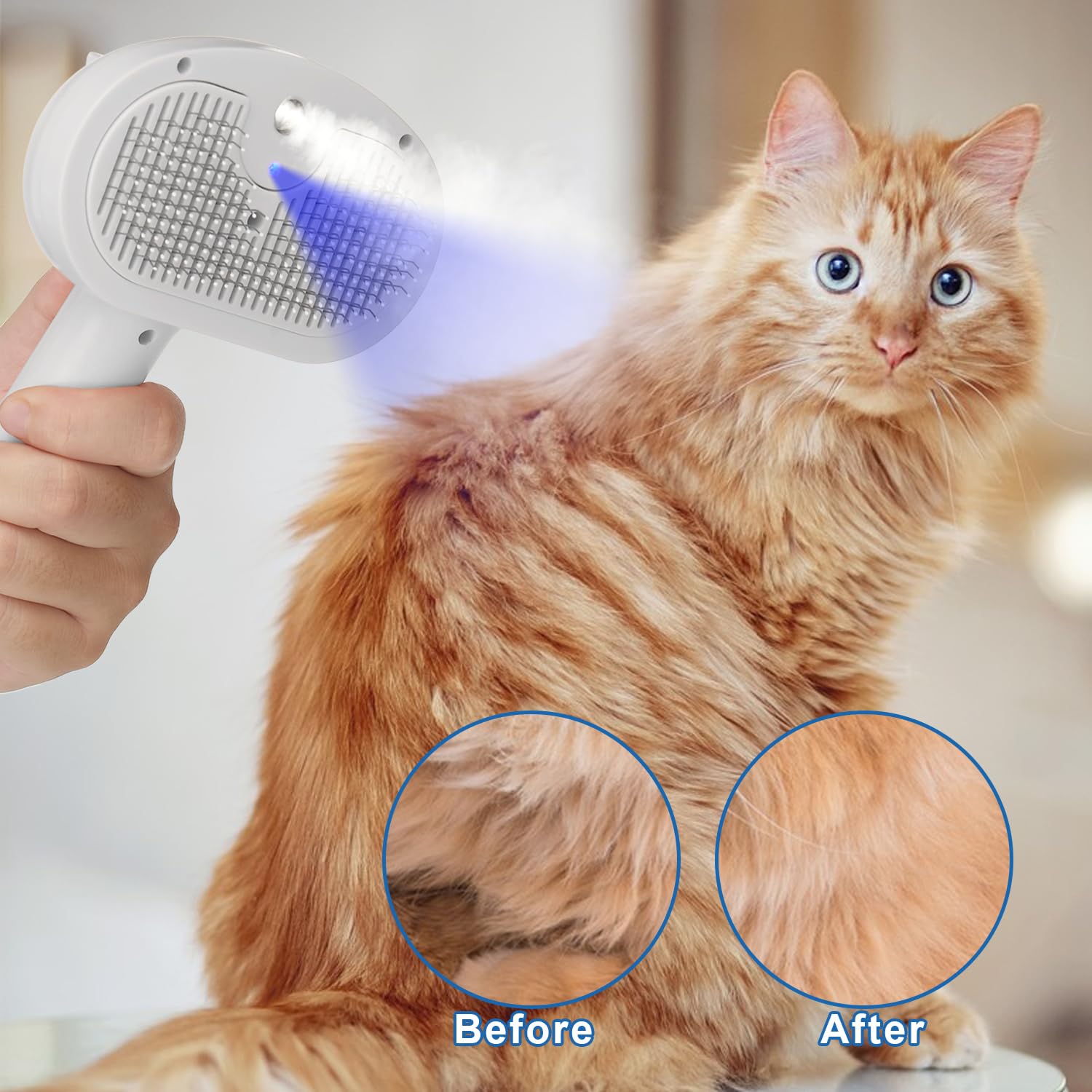 Pet Steam Brush For Shedding, 4 In 1 Brush For Long & Short Haired Cat&Dog, Self-Cleaning Hair Remover With Water Tank And Led B