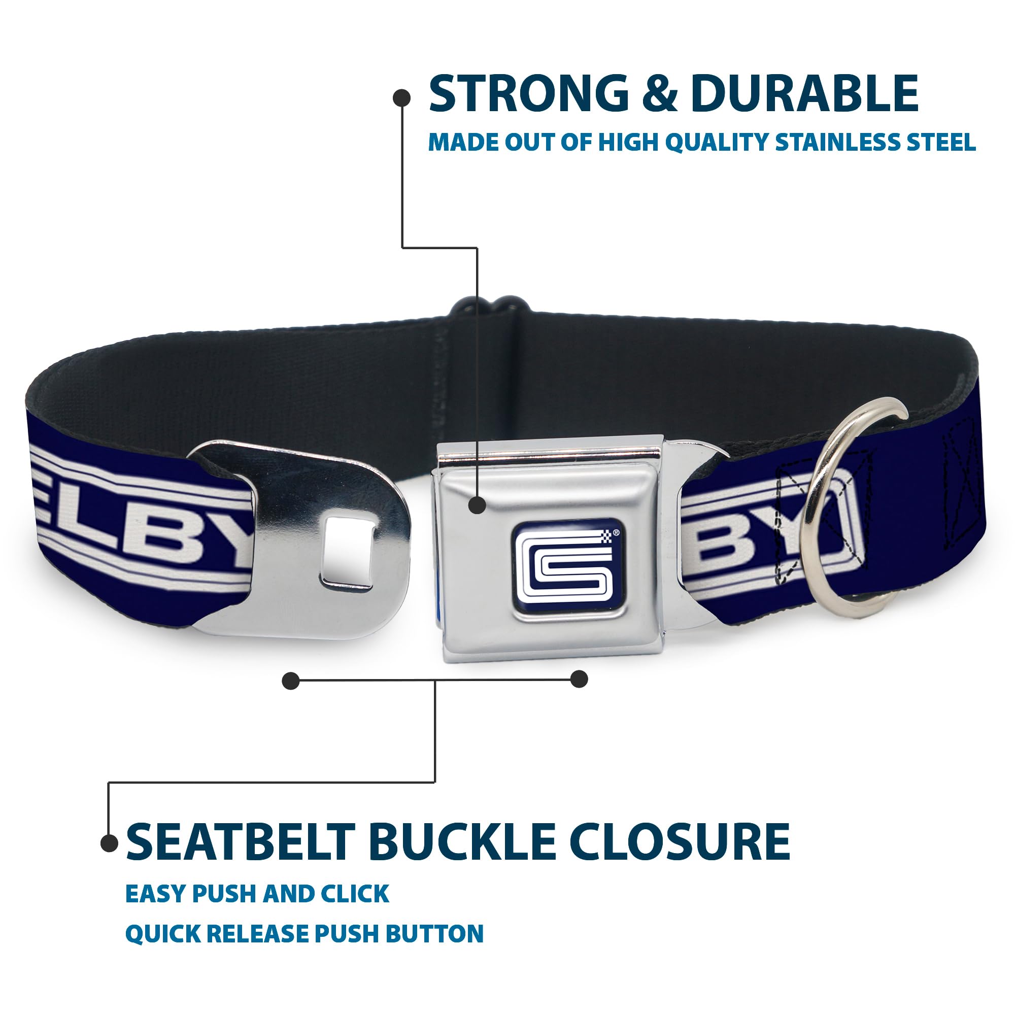Buckle-Down Dog Collar Seatbelt Buckle Carroll Shelby Cs Shelby Racing Logo Block Navy White 9.5 To 13 Inches 1.0 Inch Wide (Dc-