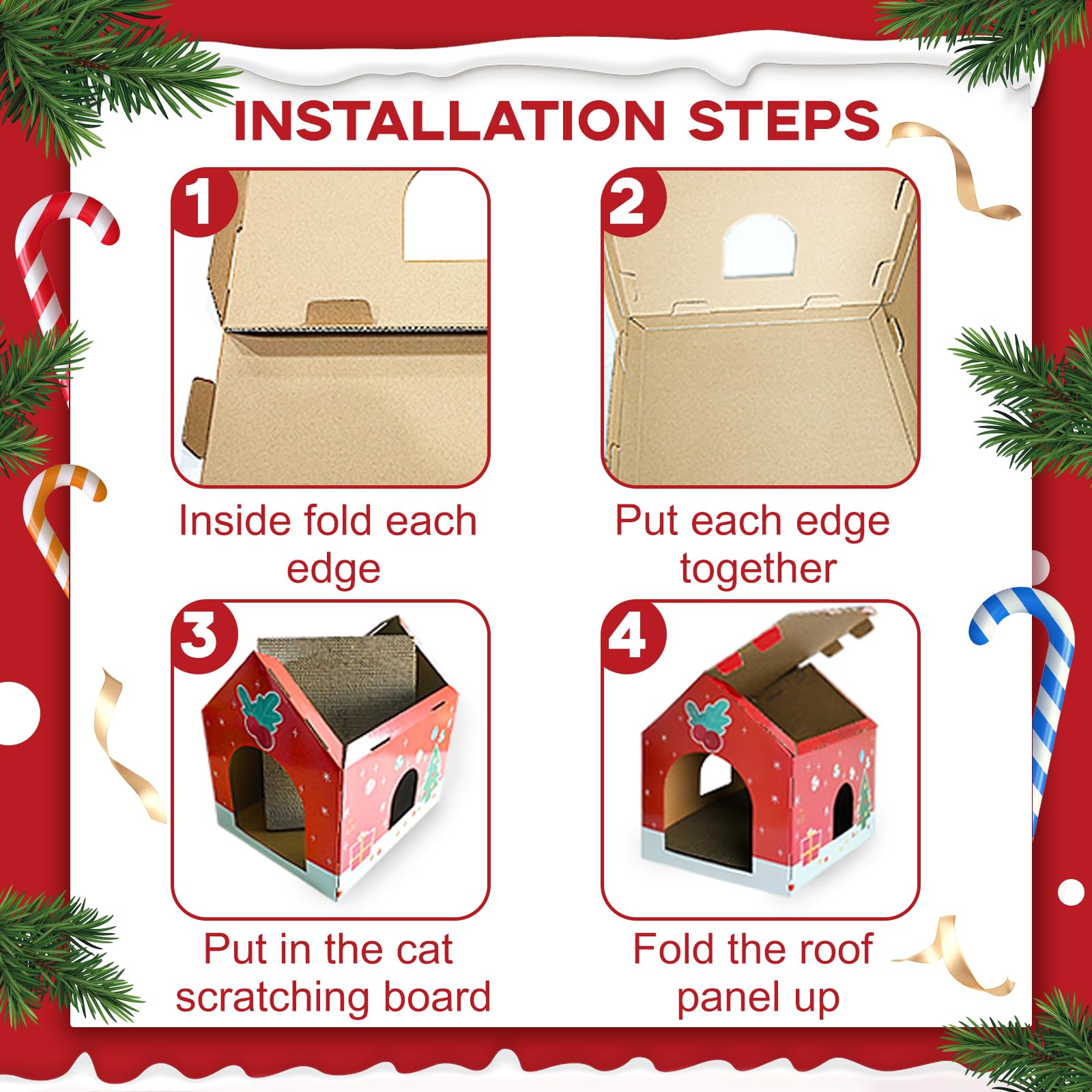 Christmas Cardboard Cat House With Scratching Pad (15''X12''X15'') Cat Play House For Indoor Cats, Christmas Decorations Scratch