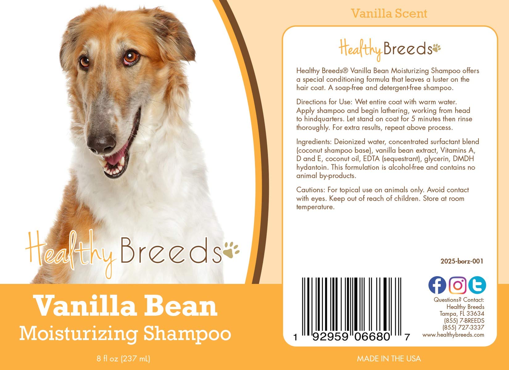 Healthy Breeds Borzois Vanilla Bean Moisturizing Shampoo + Conditioner - With Vitamins A, D, E + Coconut Oil - 8 Oz