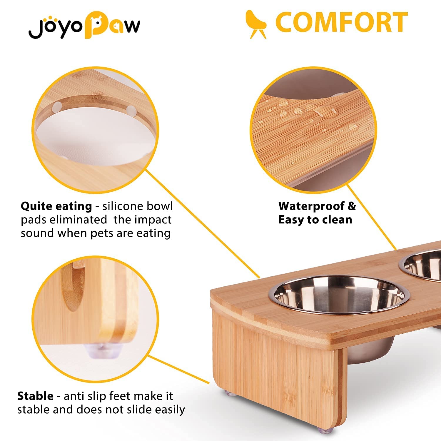 Elevated Dog Bowls, Bamboo Raised Dog Bowl For Small Dogs & Cats, With 2 Stainless Steel Bowls (4'' Tall-20Oz Bowl, Natural)