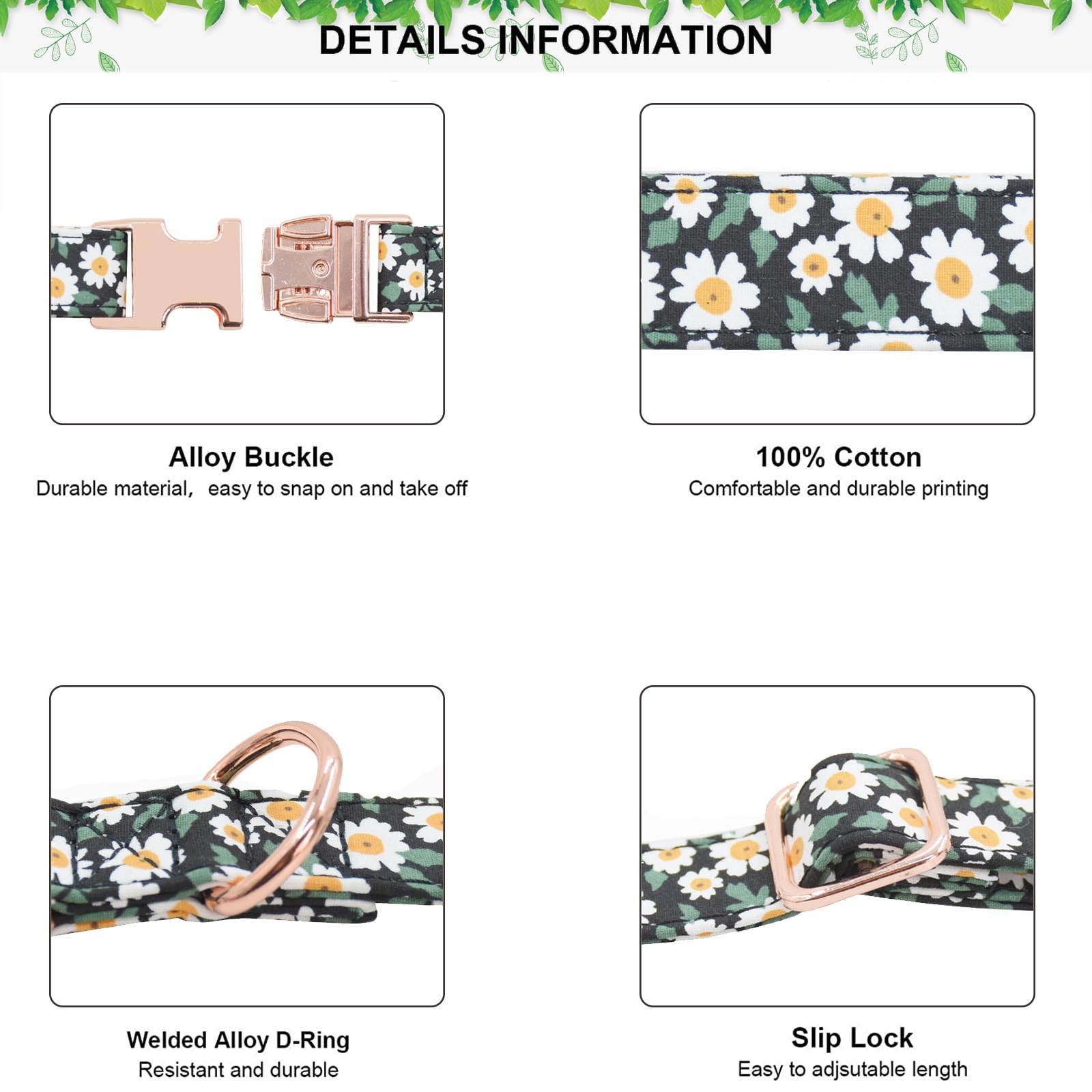 Metal Buckle Dog Collar, Durable Adjustable Dog Collar Soft For Small Medium Large Dogs (001-Black Flower, M(13-18In)