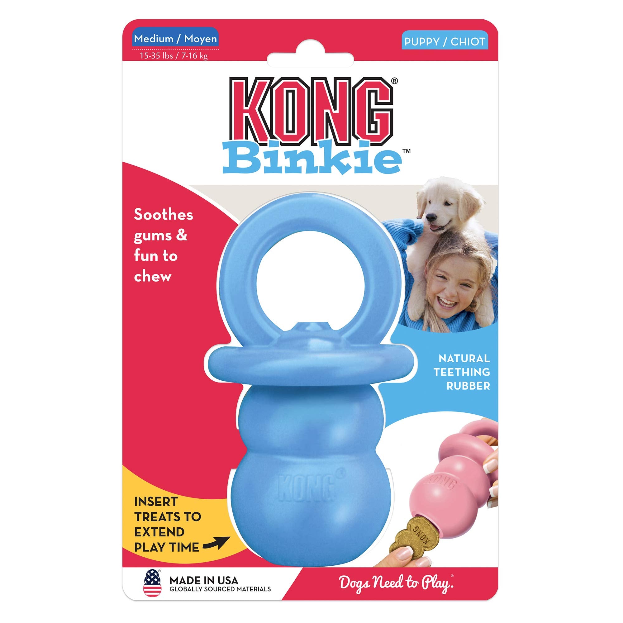 KONG Puppy Binkie - Pacifier Dog Toy for Puppies - Stuffable Chew Toy for Puppy Playtime - Durable Natural Rubber Dog Treat Toy