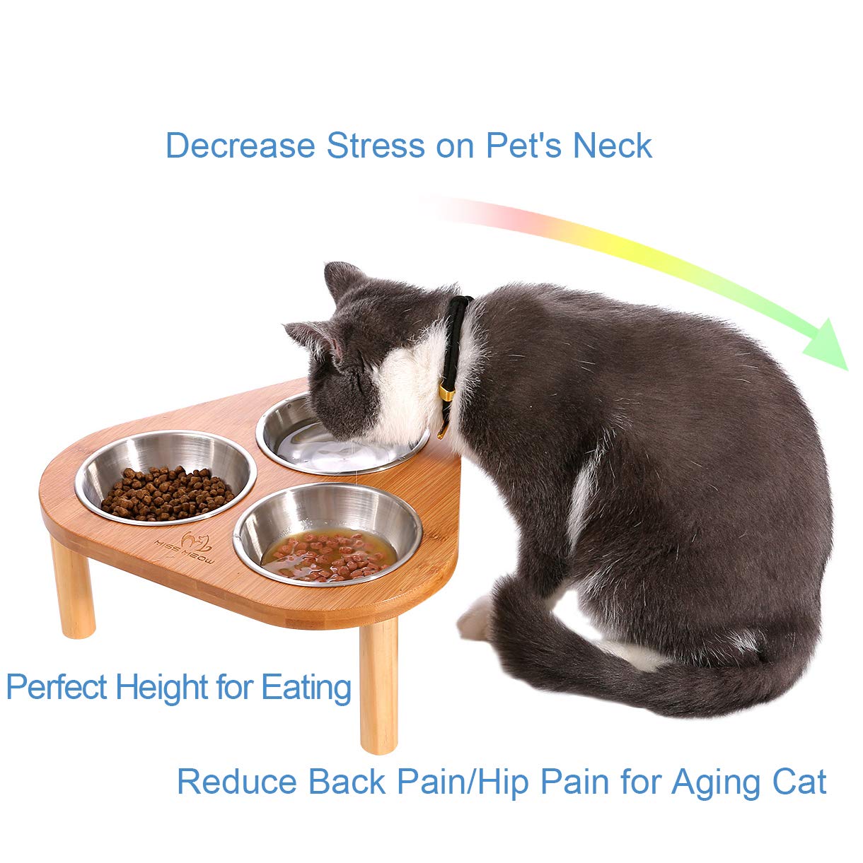 Miss Meow Raised Cat Bowls With Stand Feeder, Elevated Bamboo Stand With 3 Stainless Still Bowls And Removable Feet. (Stainless Still Bowls)