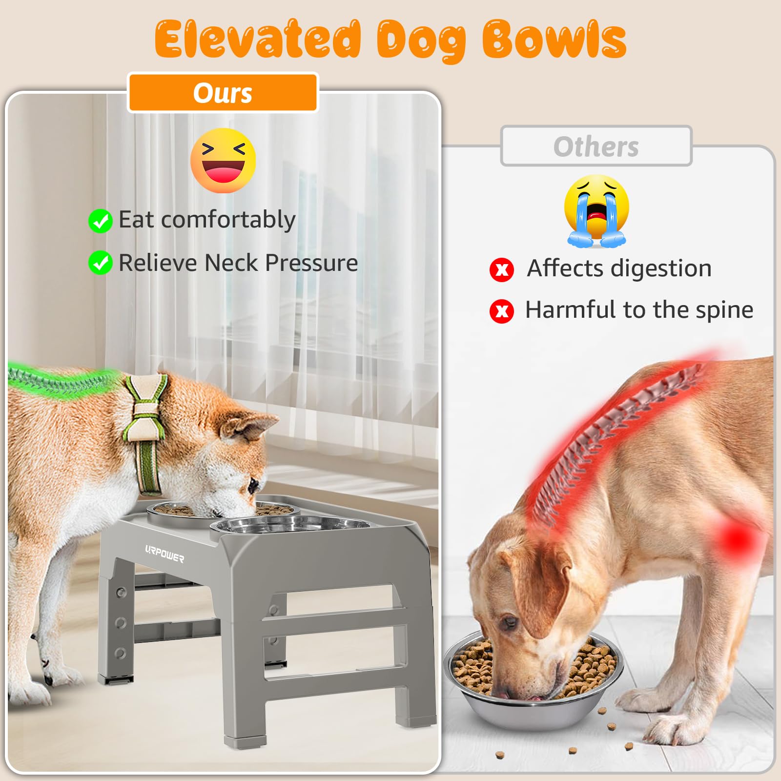 URPOWER 4 Height Adjustable Elevated Dog Bowls - 50oz Large Capacity Stainless Steel Bowls, No-Spill Edge, Non-Slip Stand for Sm