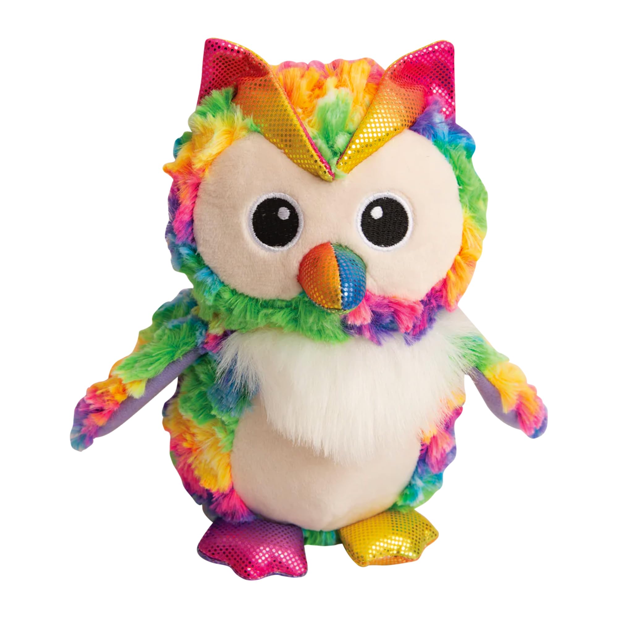Snugarooz Hootie The Owl Plush Toy With Repair Patch - Crinkle Sounds Sparkly Rainbow Feathers - With Repair Patch - For Medium-Sized Dog