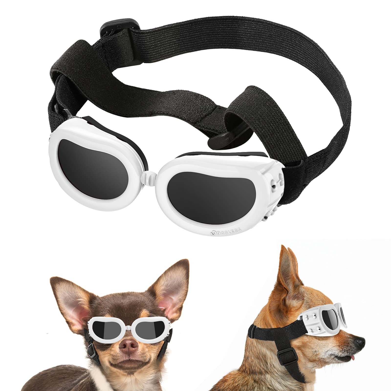 Lewondr Small Breed Dog Goggles - Uv Protection Sunglasses With Adjustable Strap, Windproof, Anti-Fog For Small Dogs, White