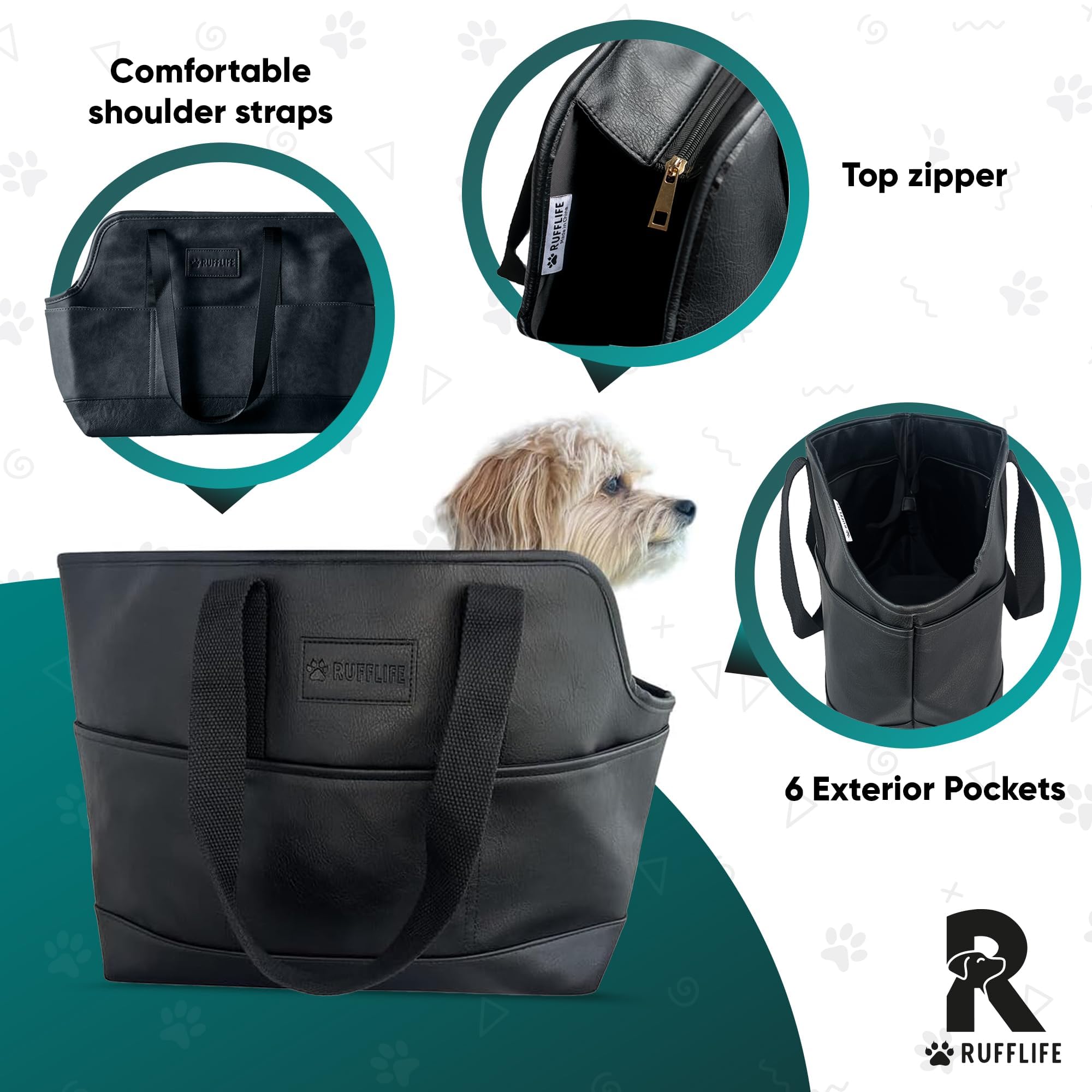 Noblepup Luxury Dog Purse Carrier - Black Faux Leather Pet Carrier, Secure Harness Clip, Tote Bag For Small Dogs And Puppies