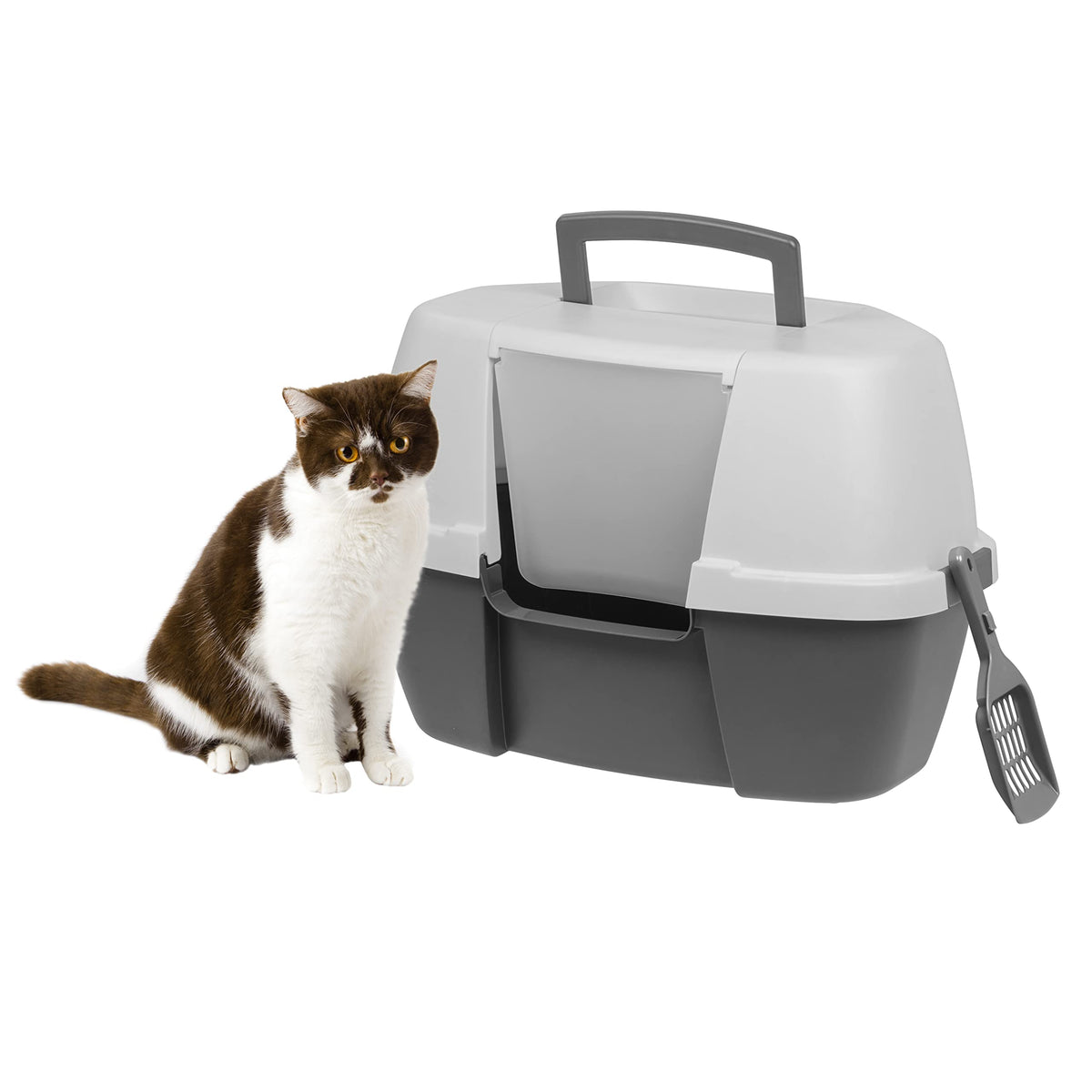 Iris Usa Large Hooded Corner Cat Litter Box With Scoop, Gray