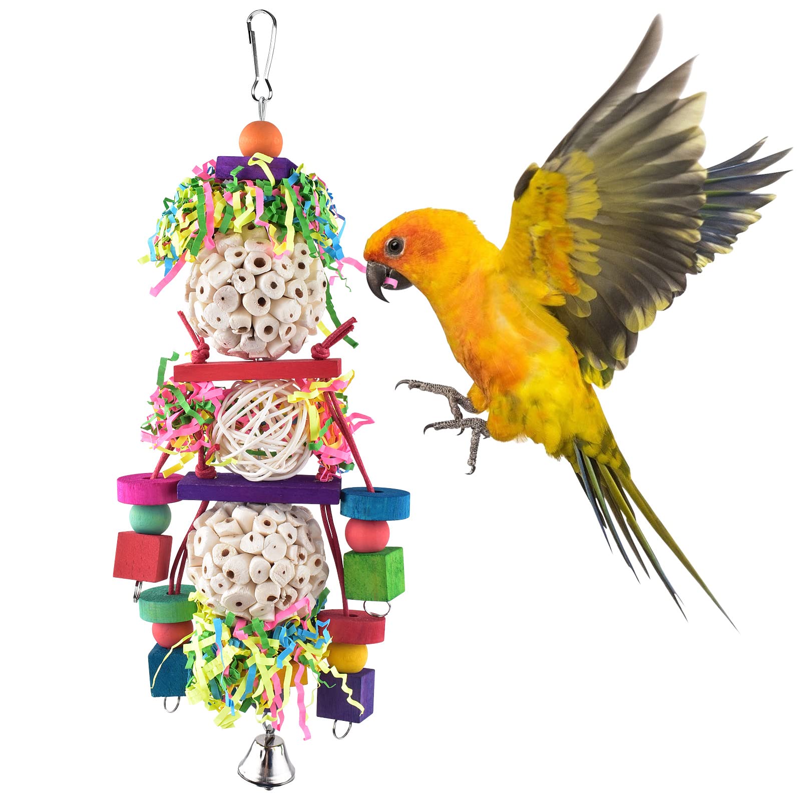 Bissap Conure Toys, Bird Parrot Foraging Shredder Hanging Toys Sola Balls Sepak Takraw with Bell for Small Parrots Parakeets Con