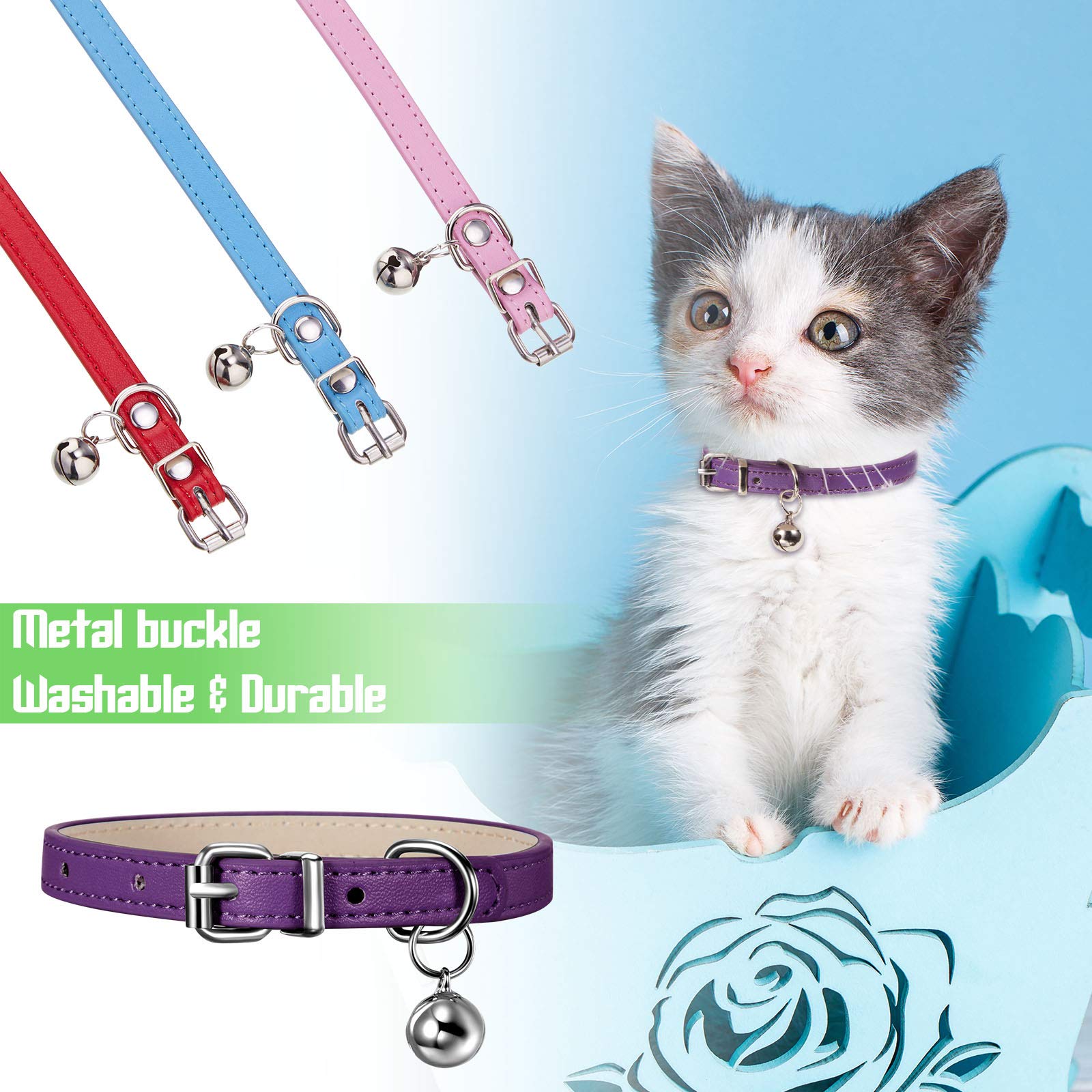 6 Pieces Leather Pet Cat Collars With Bell Soft Adjustable Leather Kitten Collars Cute Pet Collars For Small Cat Kitten Puppy (Bright Color)