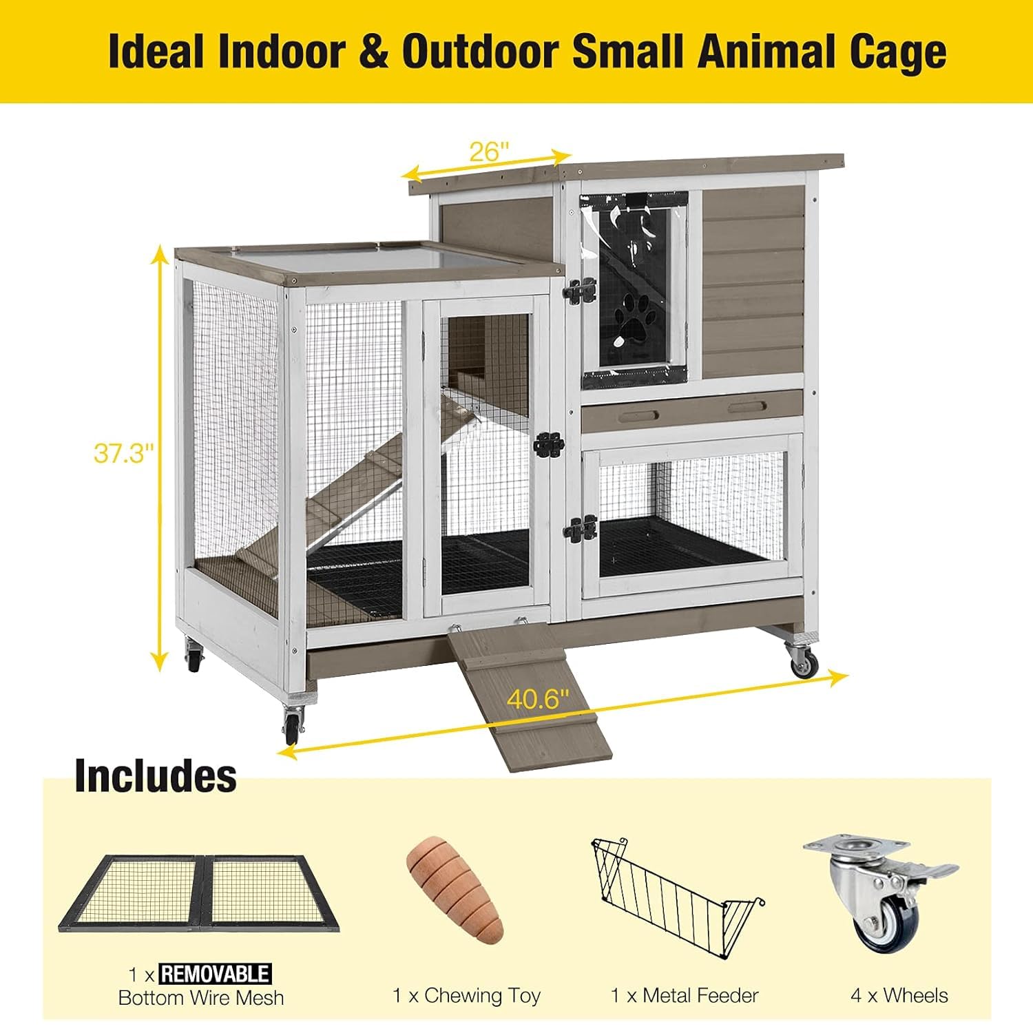 Aivituvin Large Rabbit Hutch With Removable Wire Netting, 2 Deep Trays, 4 Wheels, Sliding Door, And Extra Access Door - Mocca Co