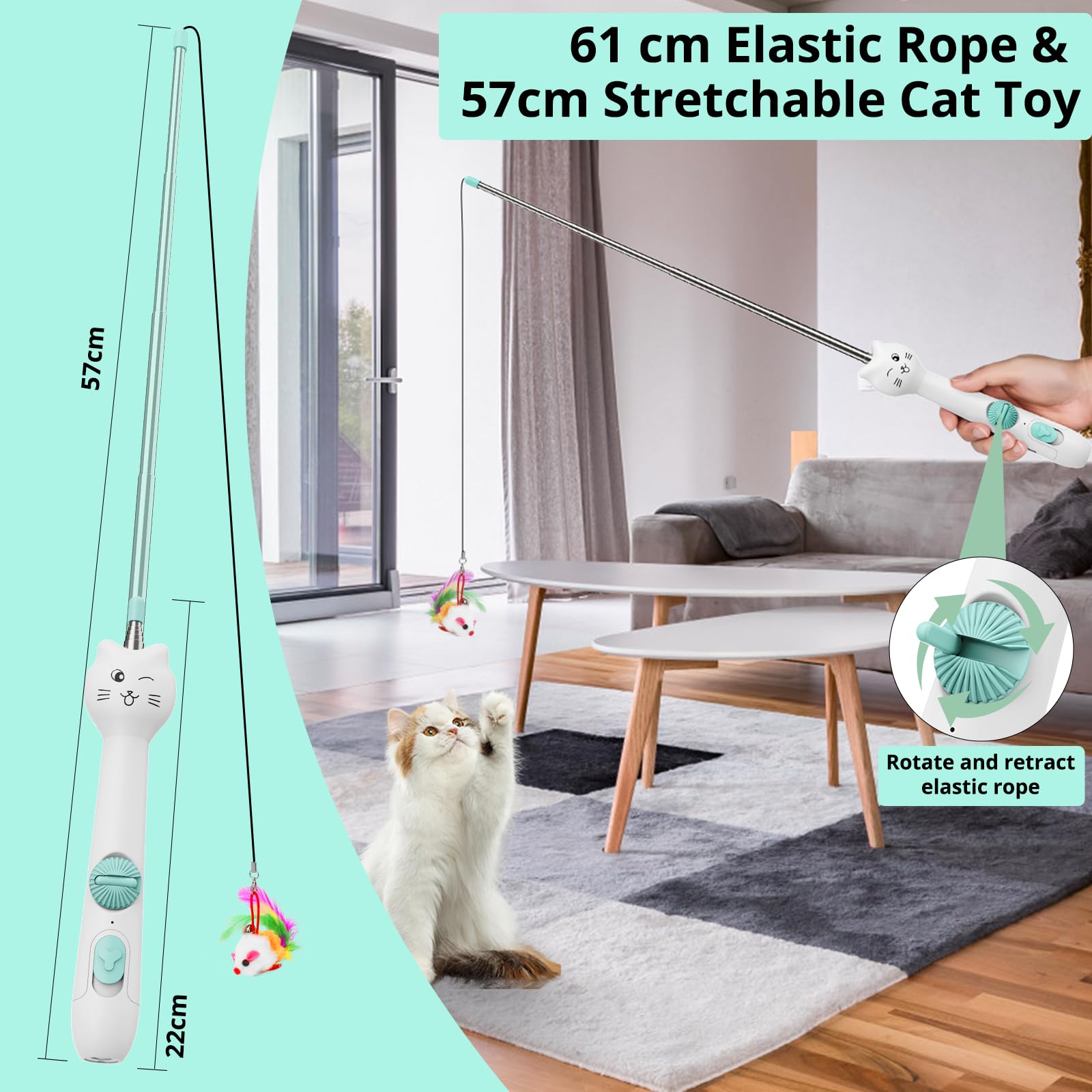 Tbteek Cat Toy, 2In1 Light And Retractable Pole With Feather, Rechargeable, Long Range 5 Modes, Interactive Toy For Indoor Cat K