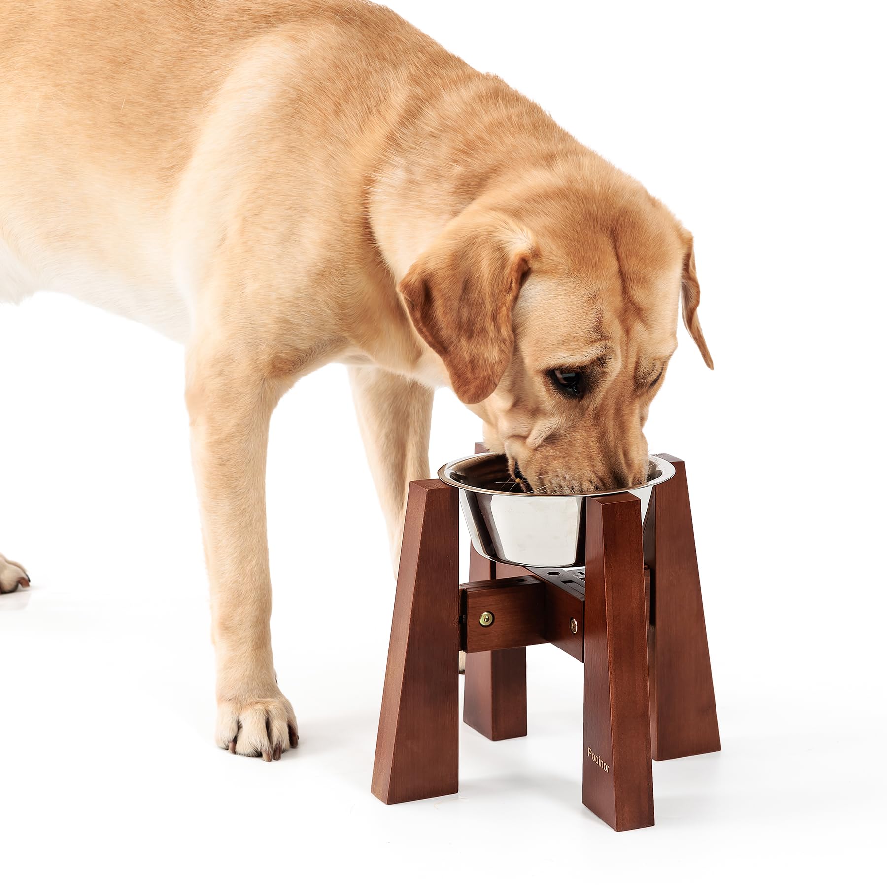 Podinor Elevated Dog Bowl Stand for Medium Dogs, Sturdy Bamboo Raised Dog Food and Water Feeding Station - Adjustable Sideways (