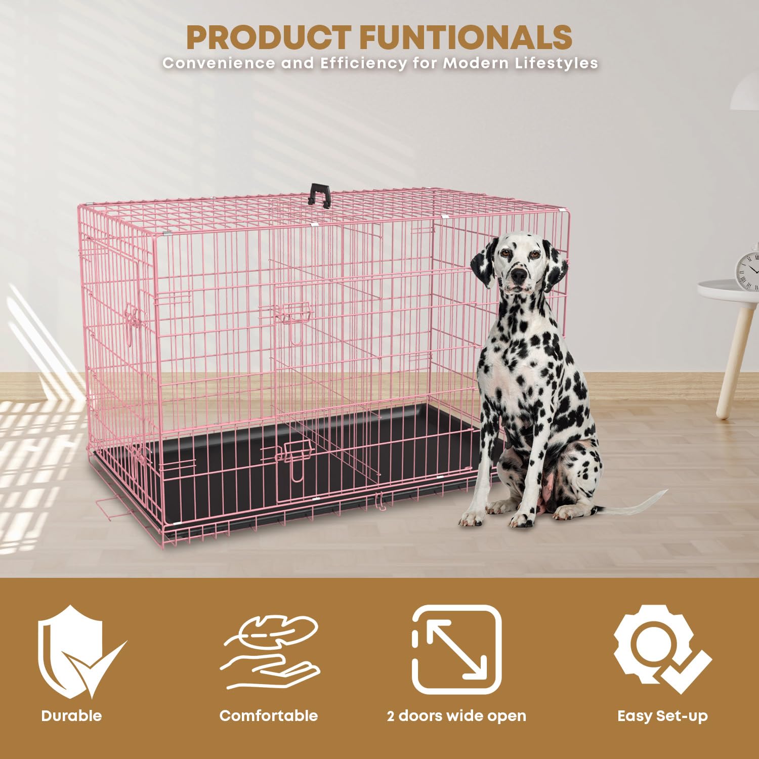 36,42,48 Inch Dog Crate for Large Dogs Dog Cage Dogs Kennel Pet Crate Folding Metal Pet Cage Double Door Leak-Proof Plastic Tray