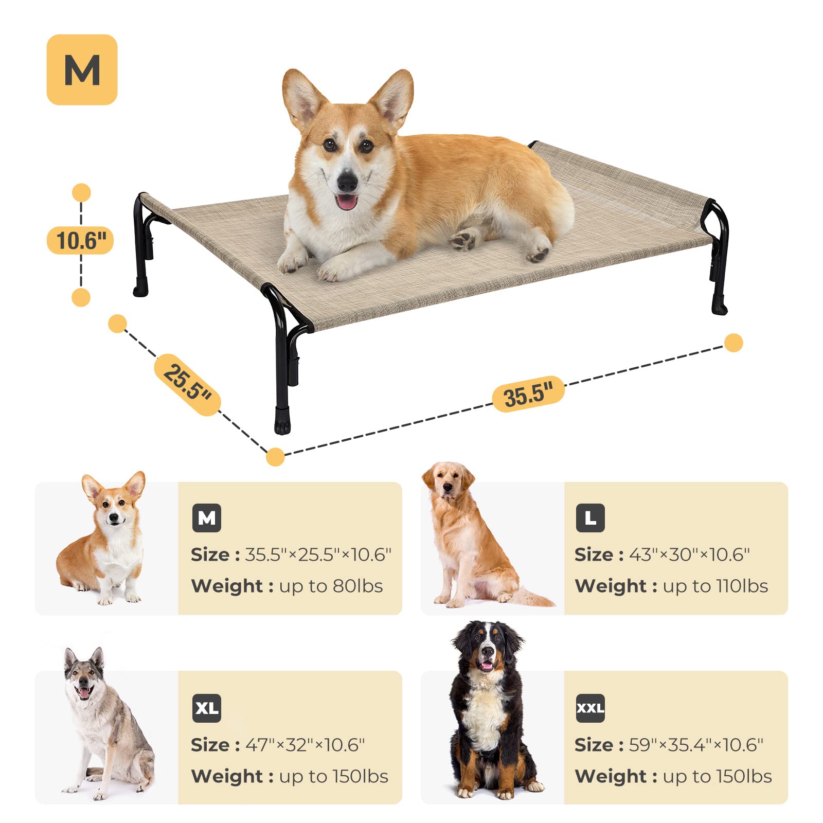 Veehoo Elevated Dog Bed, Outdoor Raised Dog Cots Bed For Medium Dogs, Cooling Camping Elevated Pet Bed With Slope Headrest For Indoor And Outdoor, Washable Breathable, Medium, Beige Coffee, Cwc2204