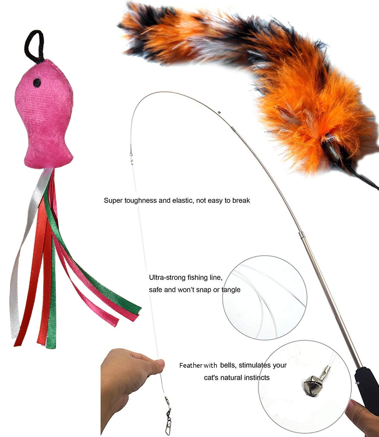 Cat Toys Set, Cat Retractable Teaser Wand, Catnip Fish, Interactive Cat Feather Toy, Mylar Crincle Balls, Two Cotton Mice, Four