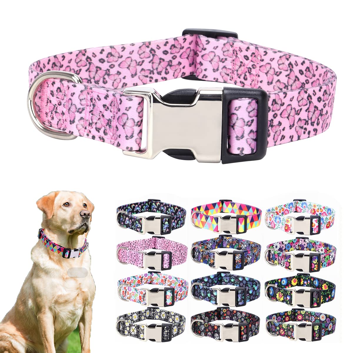 Pink Dog Collars For Medium Dogs, Pretty Pattern Print Butterfly Dog Collar Metal Buckle Durable Soft Female Dog Collars For Xsm