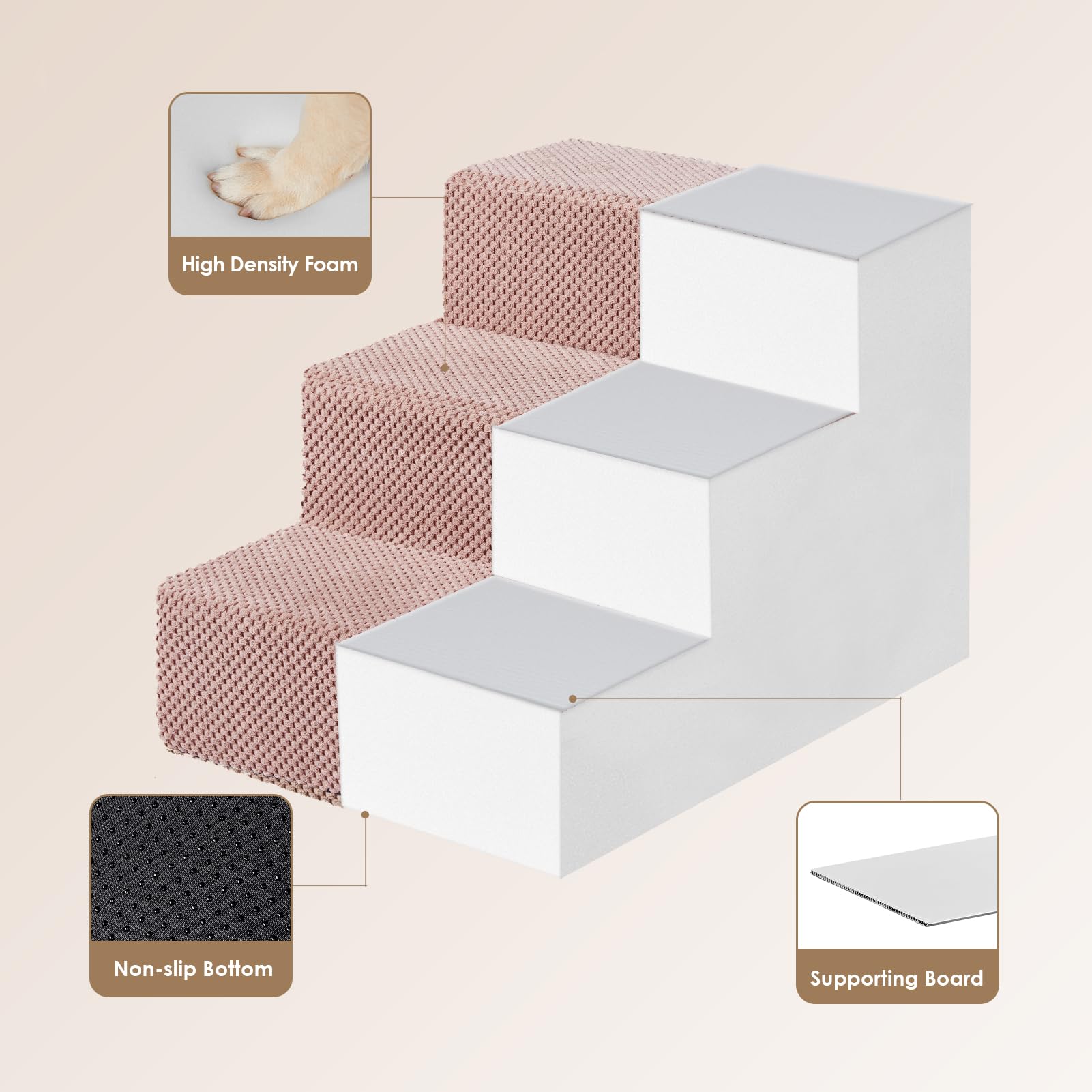 Eheyciga Dog Stairs For Small Dogs 13.5' H, 3-Step Dog Steps For Couch Sofa And Chair, Pet Steps For Small Dogs And Cats, Non-Slip Balanced Dog Indoor Ramp, Pink