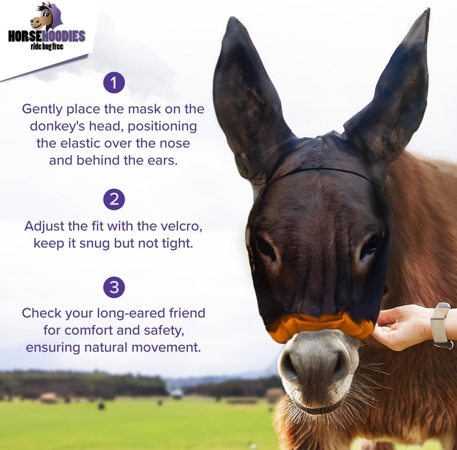 Donkey Fly Mask with Long Ears (Purple) Made in USA - Mule Fly Mask with Ears Protection from Insects and Bugs, Mini Donkey Soft