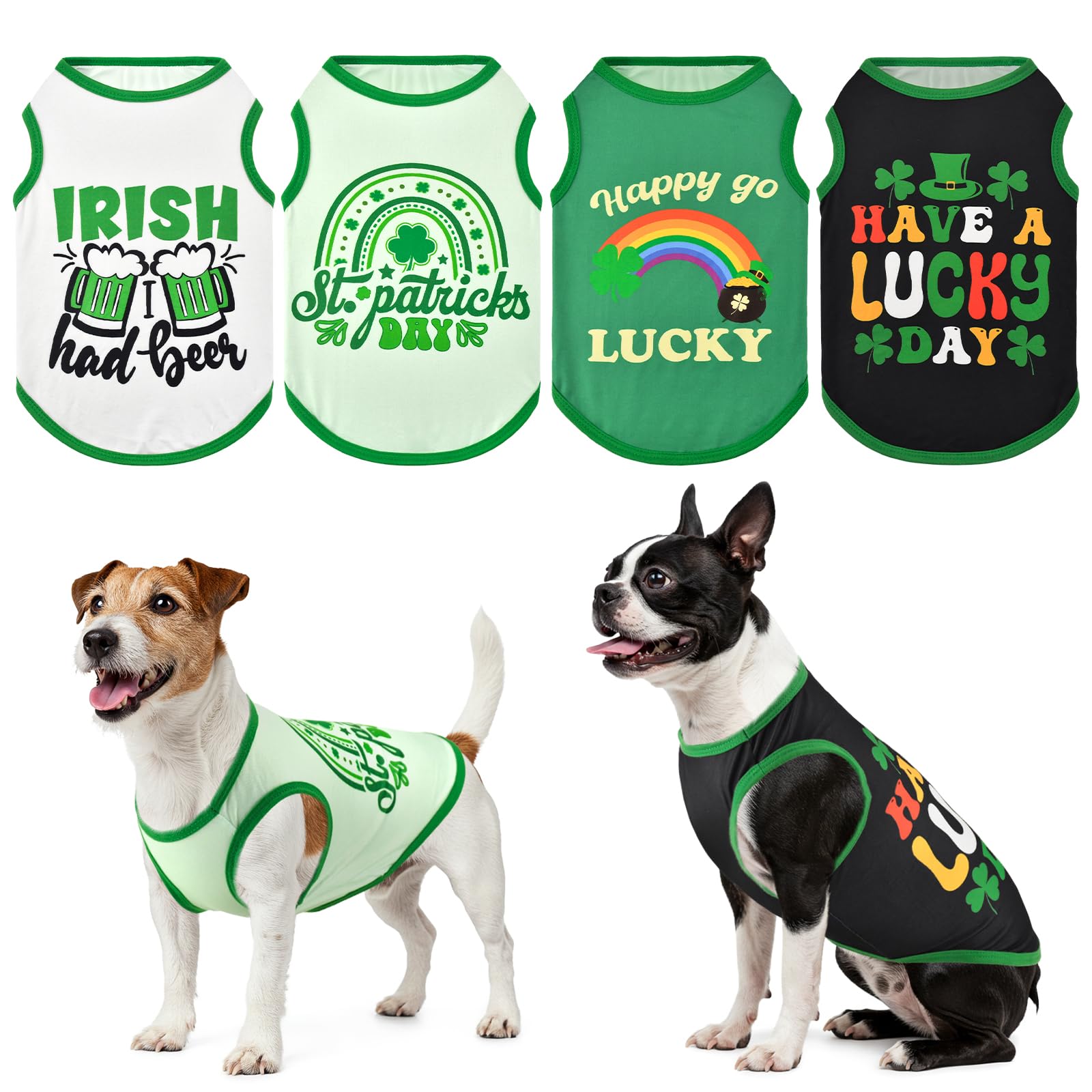 Lysskmk 4 Pack St. Patrick'S Day Dog Shirts Shamrock Rainbow Bridge Tank Tops For Small Medium Dogs Lucky Green Beer Pattern Sle