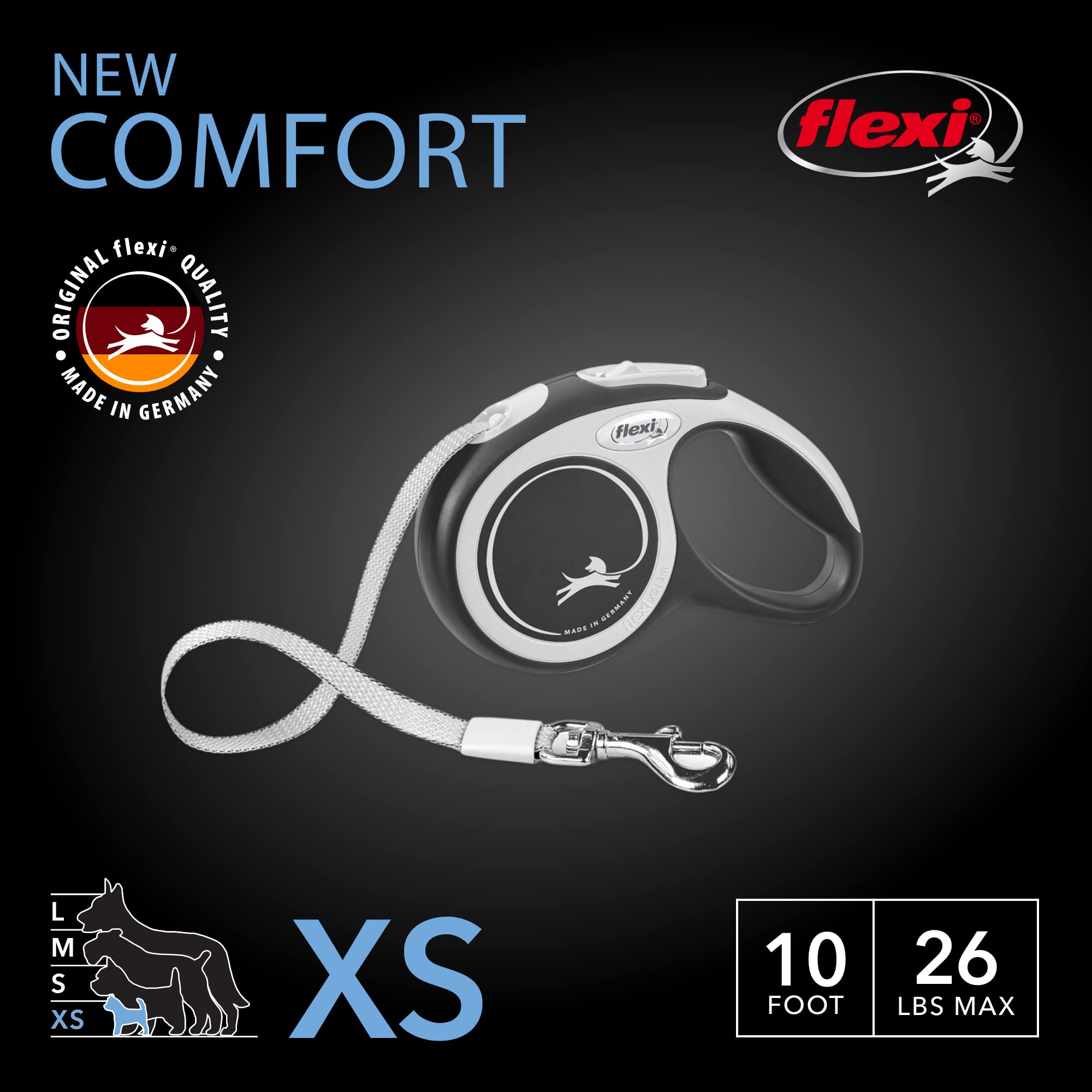 Flexi New Comfort Tape Retractable Dog Leash For Extra Small Dogs Upto 26 Lbs. – 10 Ft., Grey/Black Tangle Free Pet Walking Leash With One-Handed Brake, Pause, Lock German Quality Product