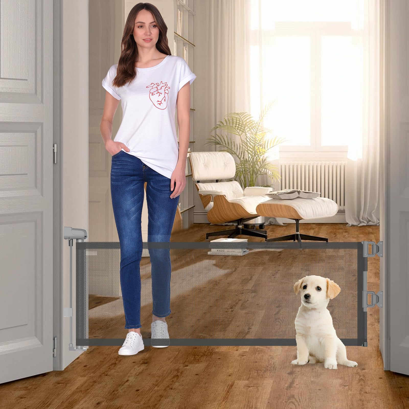 14 H Short Dog Gate Pet Gates Puppy Gate 59 Wide Step Over Pet Fence, Mesh Retractable Indoor Outdoor Expands Up to 59 Inches Sm