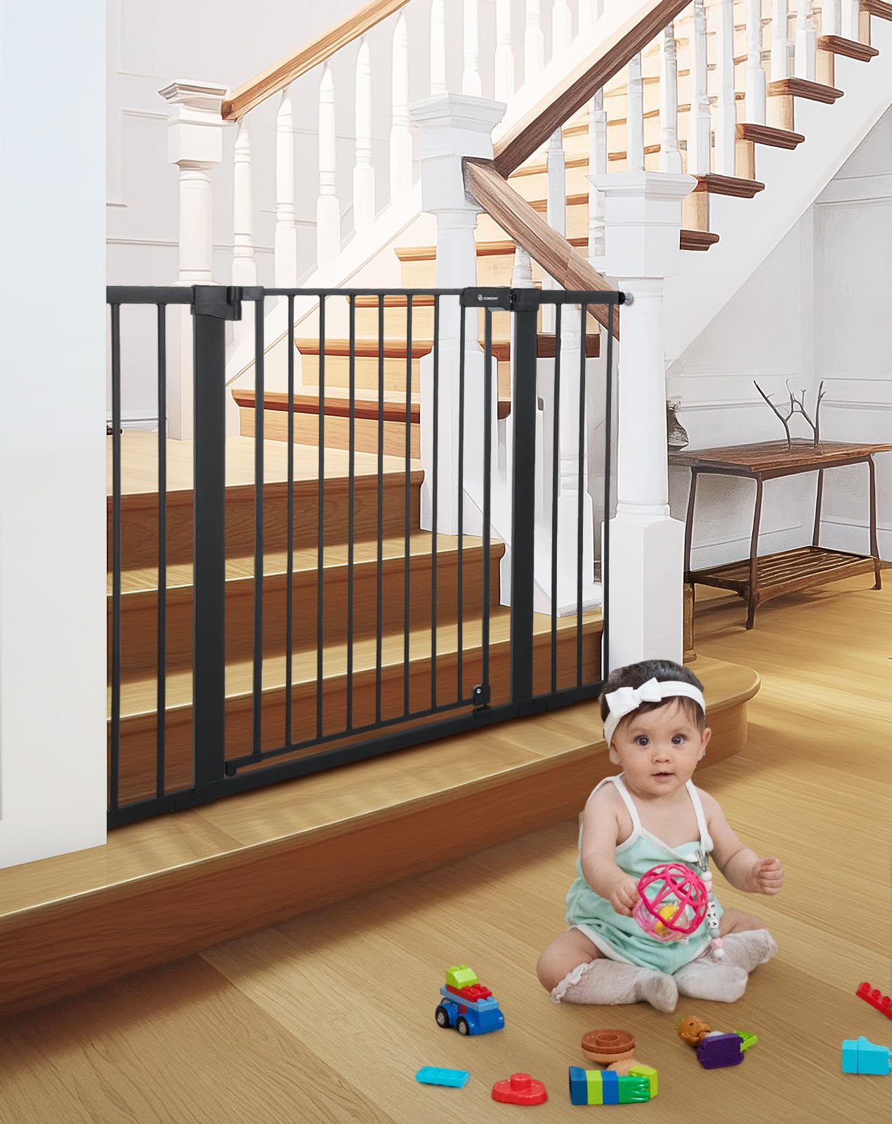 Comomy 36' Extra Tall Baby Gate For Stairs Doorways, Fits Openings 29.5' To 46' Wide, Auto Close Extra Wide Dog Gate For House, Pressure Mounted Easy Walk Through Pet Gate With Door, Black