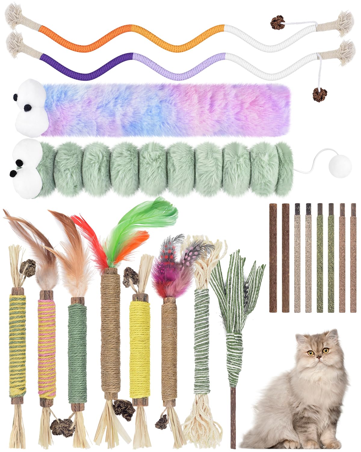 Bissap 20 Pcs Silvervine Chew Sticks For Cats, Catnip Chew Ropes Cat Toys For Indoor Cat Kitten Teeth Grinding Interactive Feath
